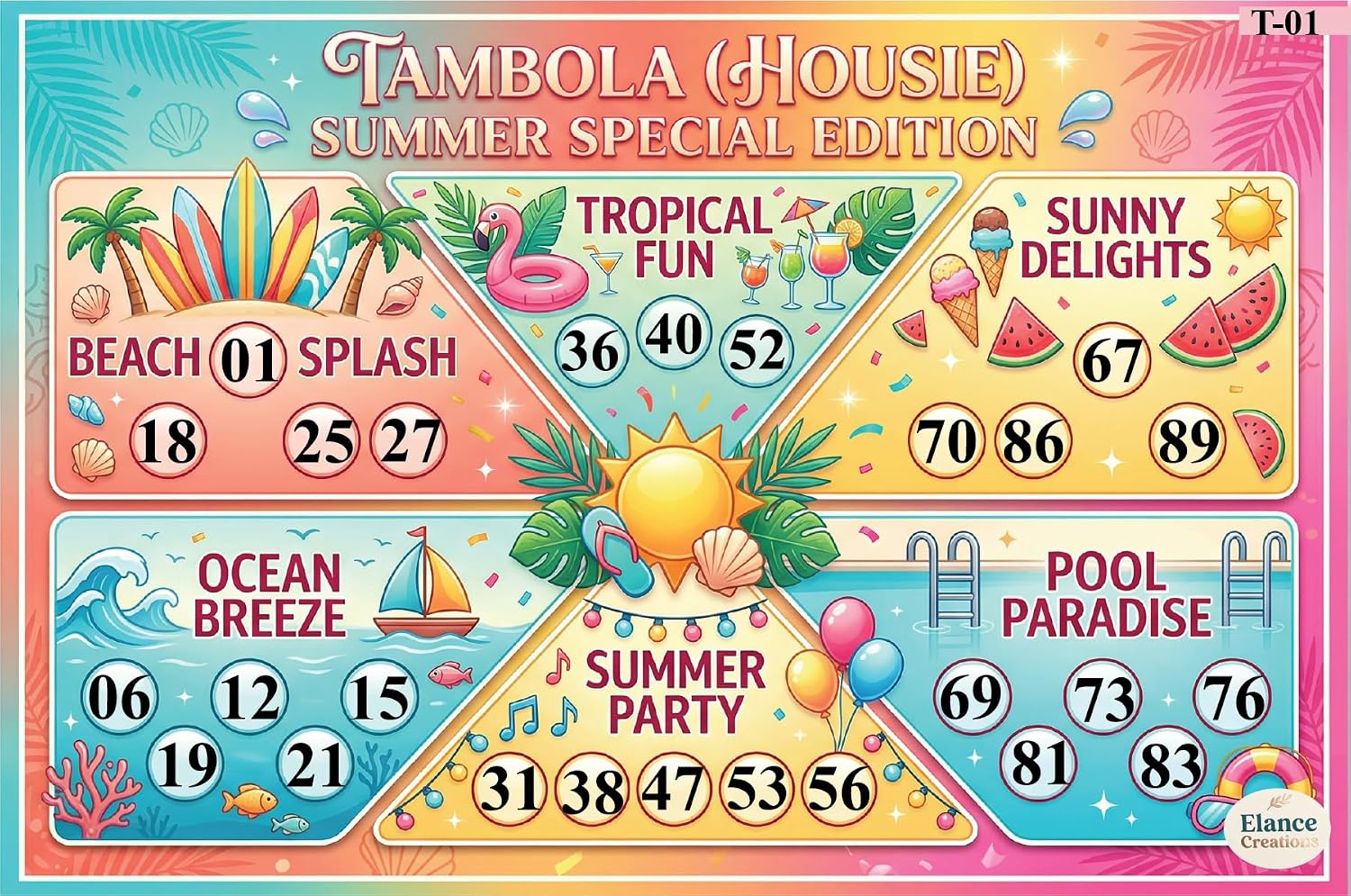 Elance Creations Summer Theme Tambola Housie Tickets | Kitty Party Bingo Game Cards (Set of 15 Printed Tickets)