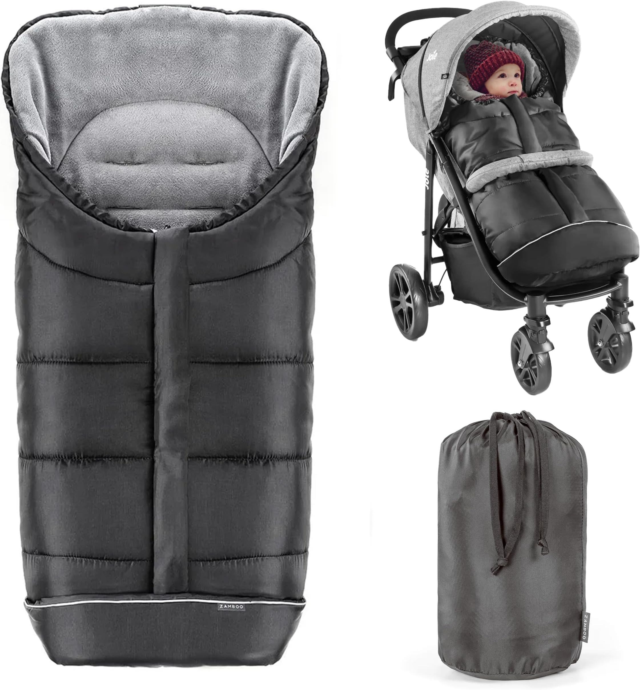 Zamboo Universal Footmuff for Pushchair, Pram Footmuff, Stroller Footmuff - Thermal Fleece Cosy Toes for Baby Buggy with Drawstring Hood and Storage Bag - Black
