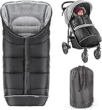 Winter Foot Muff for Prams, Pushchairs and Buggies, with Non-Slip Protection, Soft Deluxe Thermal Fleece, Mummy Hood, Reflective Strips and Bag, Black and Grey