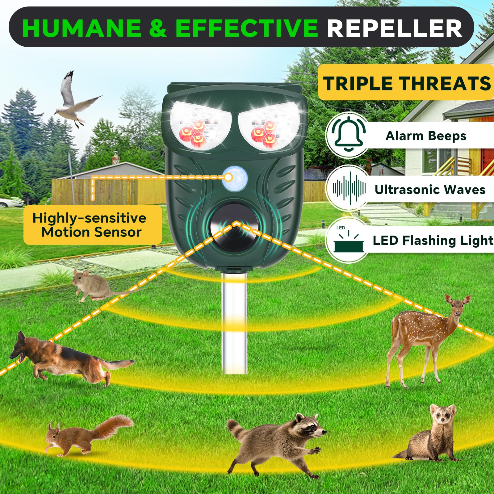 Solar Ultraschall Tiervertreiber Outdoor, Katze Eichhörnchen Waschbär Hund Hirsch Abwehrgerät mit Bewegungserkennung, IP66 Wasserdicht Maus Stinktier Abschreckung