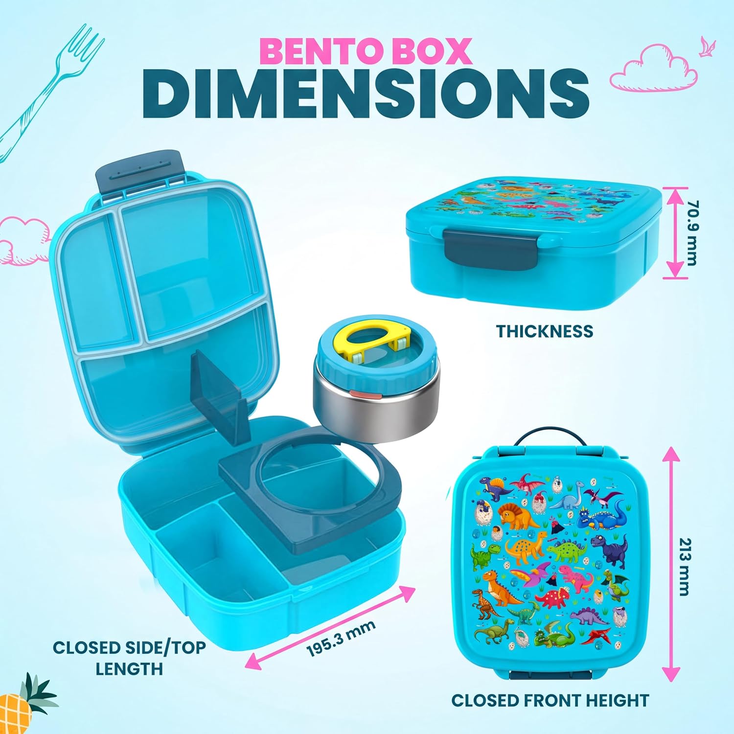 Kids Lunch Box with Food Jar, Bento Lunch Box for Kids, Leakproof Lunch Box with Compartments and Insulated Food Jar, School Lunch Box for Boys & Girls (Blue)