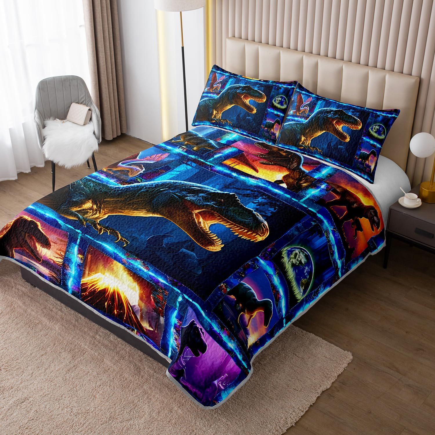 HOSIMA Dinosaur Quilt Bedding Set King Size for Kids,Various Different Dinosaurs Pattern Patchwork Quilt for Teens Boys Room Decor,Neon Lights Wildlife Bedding Sets with 2 Pillowcases.