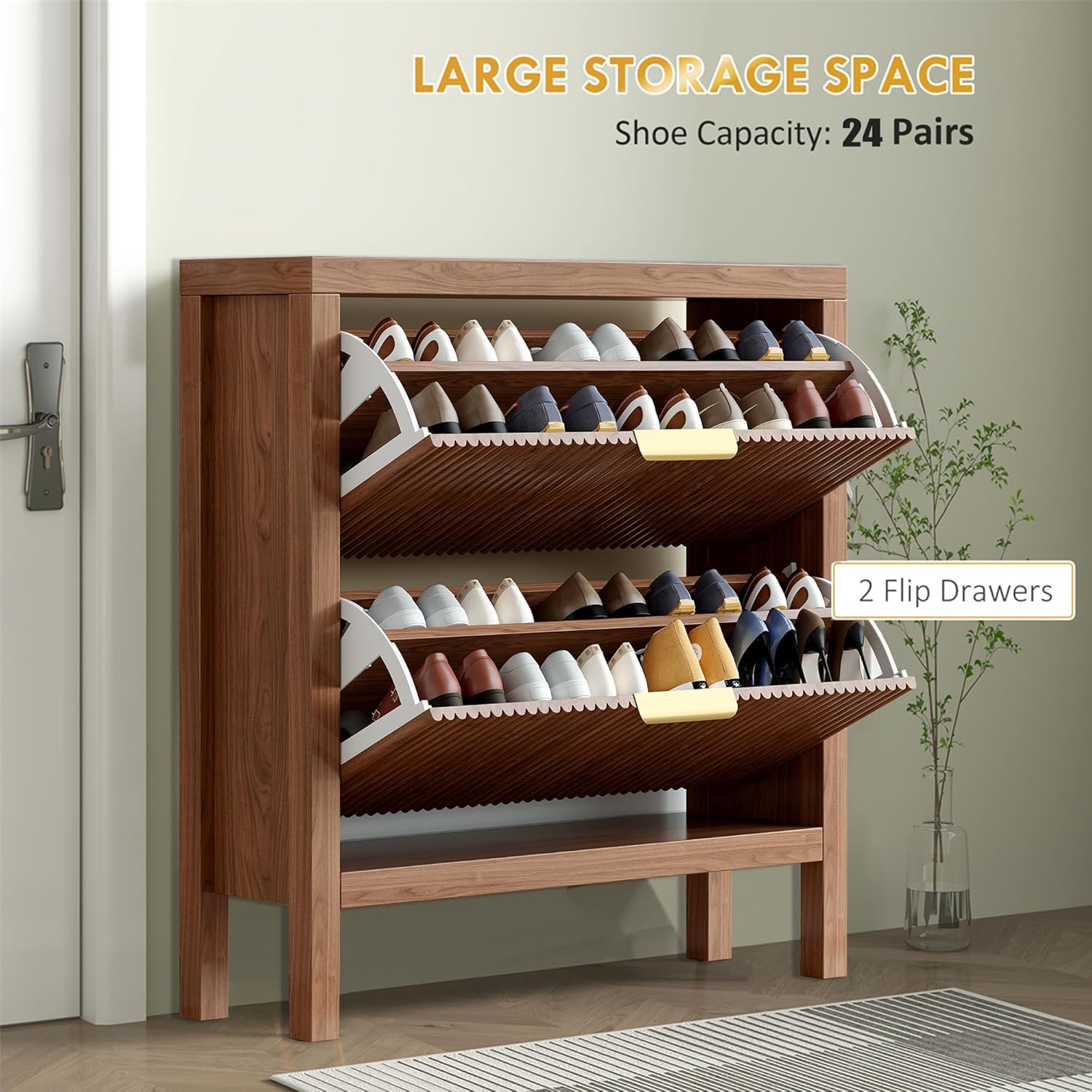 Modern 4-Tier Flip Drawer Shoe Cabinet, Freestanding Hidden Slim Narrow Shoe Rack Cabinet, Wooden Large Capacity Shoe Storage Cabinet Shoe Organizer, for Entryway, Hallway, Walnut X2
