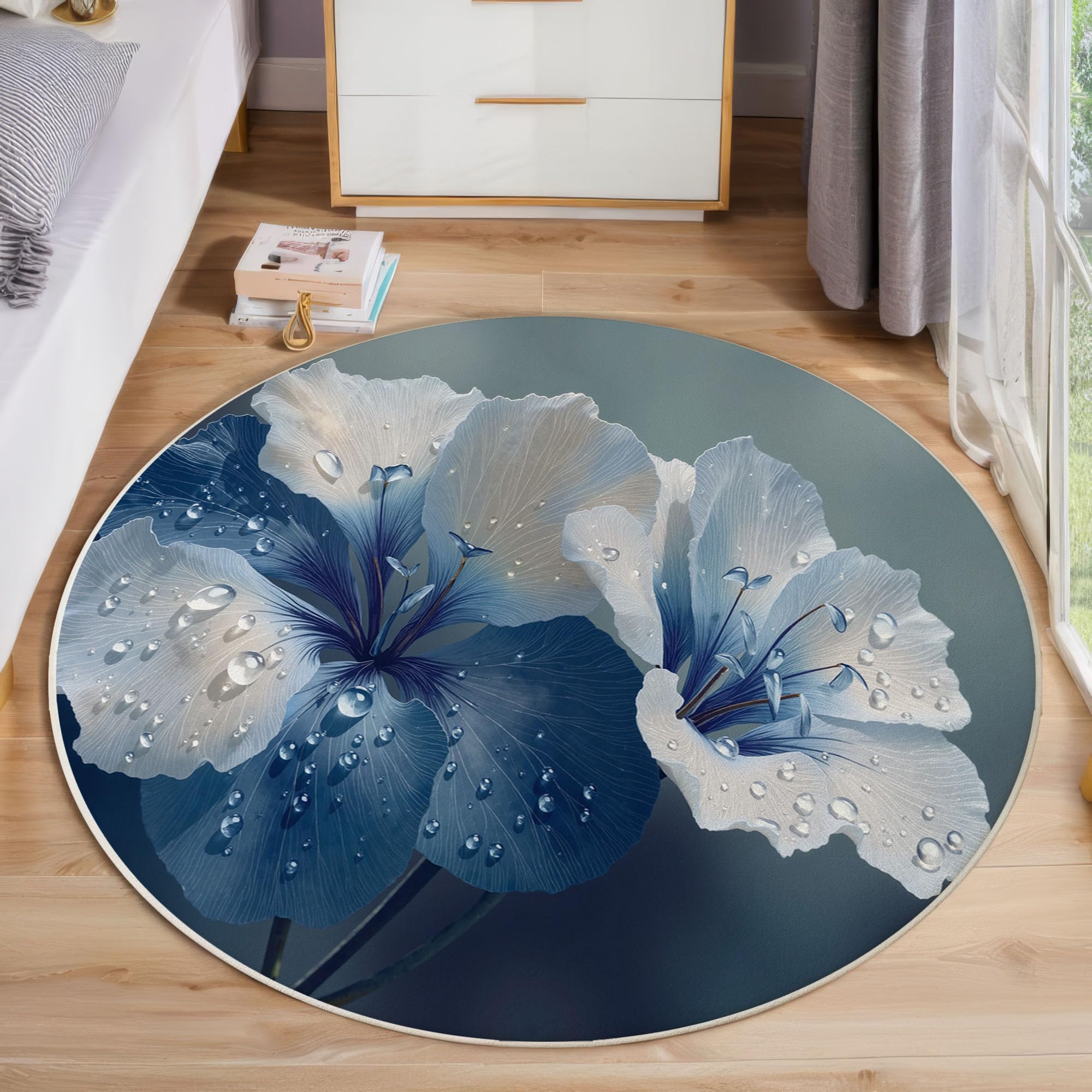 Tapis rond de salon 100cm décoration fleurs et papillons pour chambre