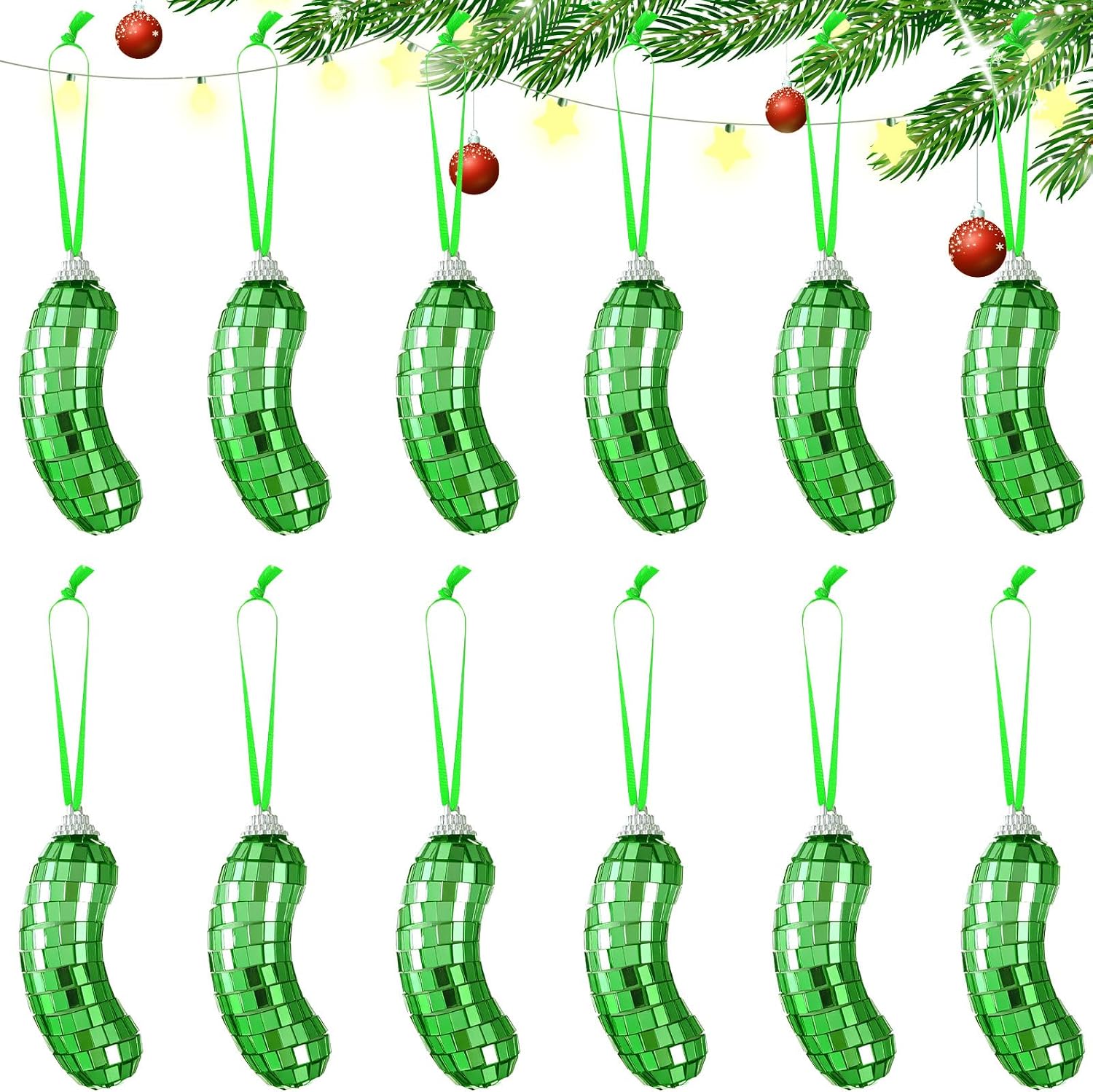 Sosation 12 Pcs Christmas Tree Pickle Ornaments Bulk Funny Xmas Gifts Decorations Small Green Disco Cucumber Party Favors Hanging Decor