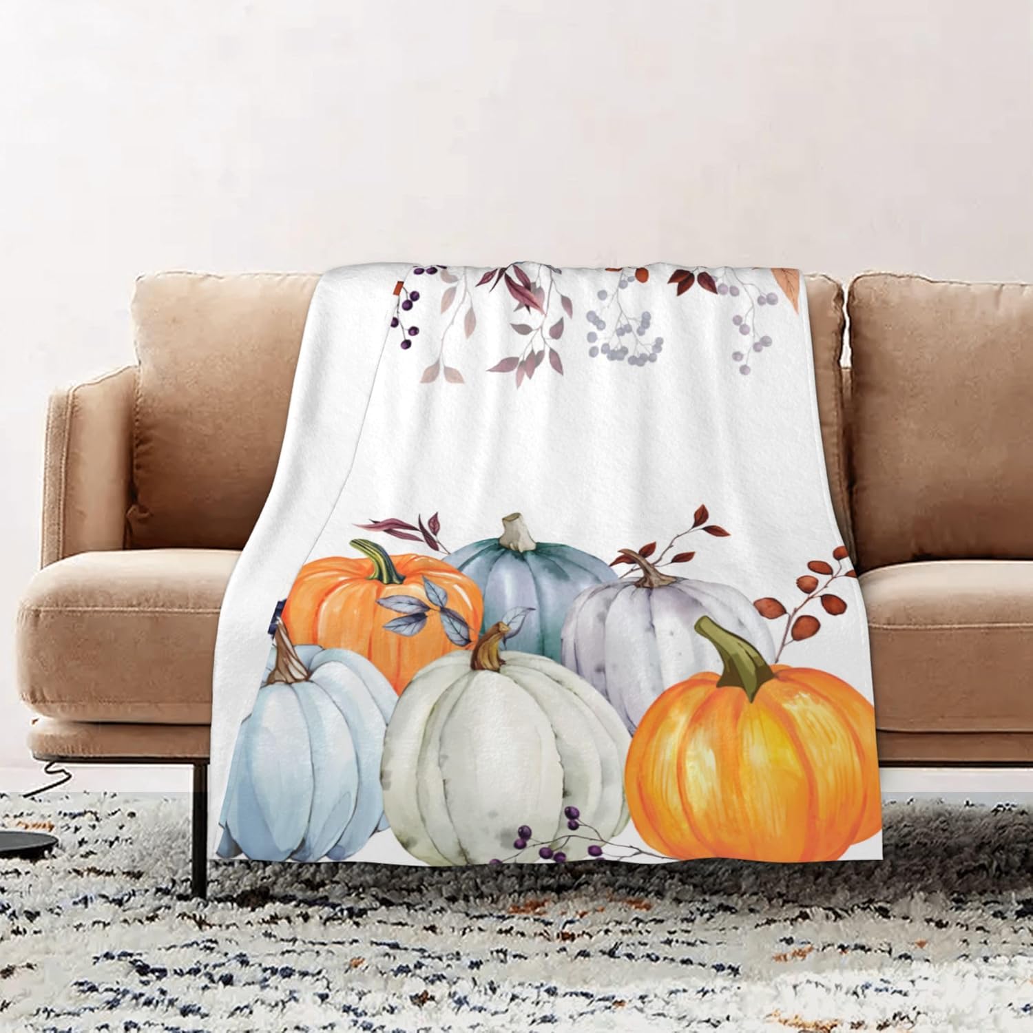 Pumpkin Flannel Throw Blanket - Fall Thanksgiving Watercolor Autumn Pumpkins Terracotta Eucalyptus Leaves Decorations - Bed, Sofa, Couch, Travel - 40"x50" - Image 2
