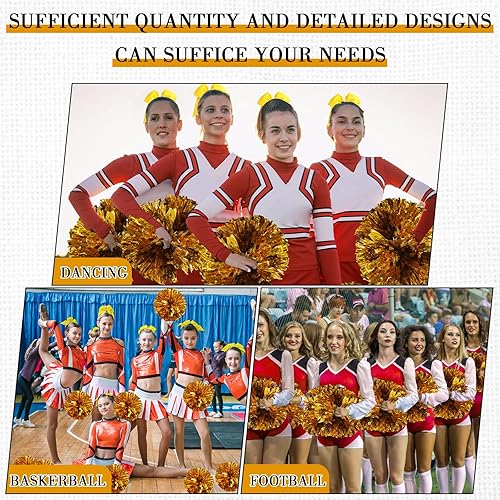 Miniatura 268 de Hanaive 3 pompones de animadora y lazo grande para animadora para el pelo, suministros metálicos para animadora de espíritu de equipo, deportes