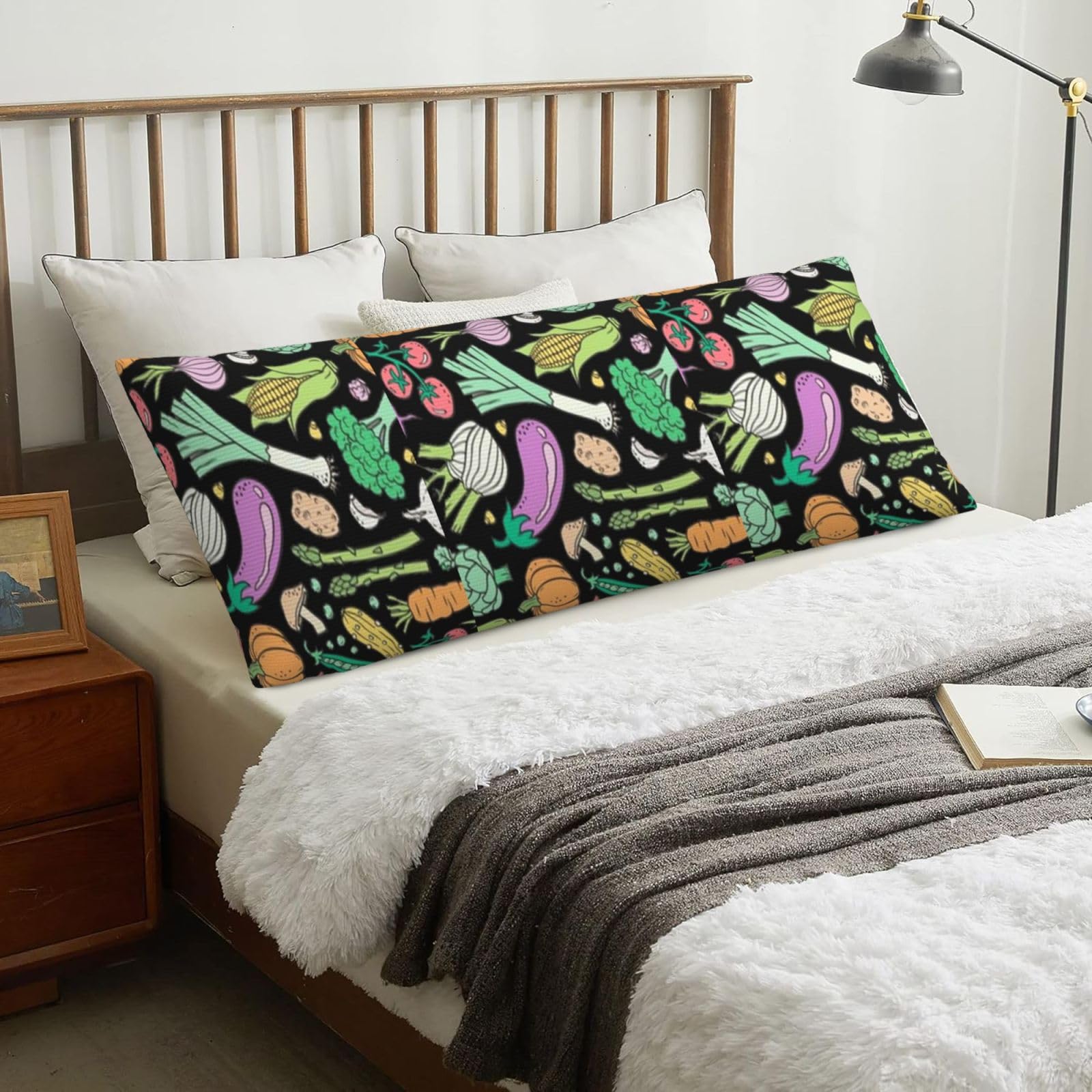 Vegetables Food Doodle On Dark, Body Pillow Cover with Zipper,Long Body Pillowcase 20 x 60 in