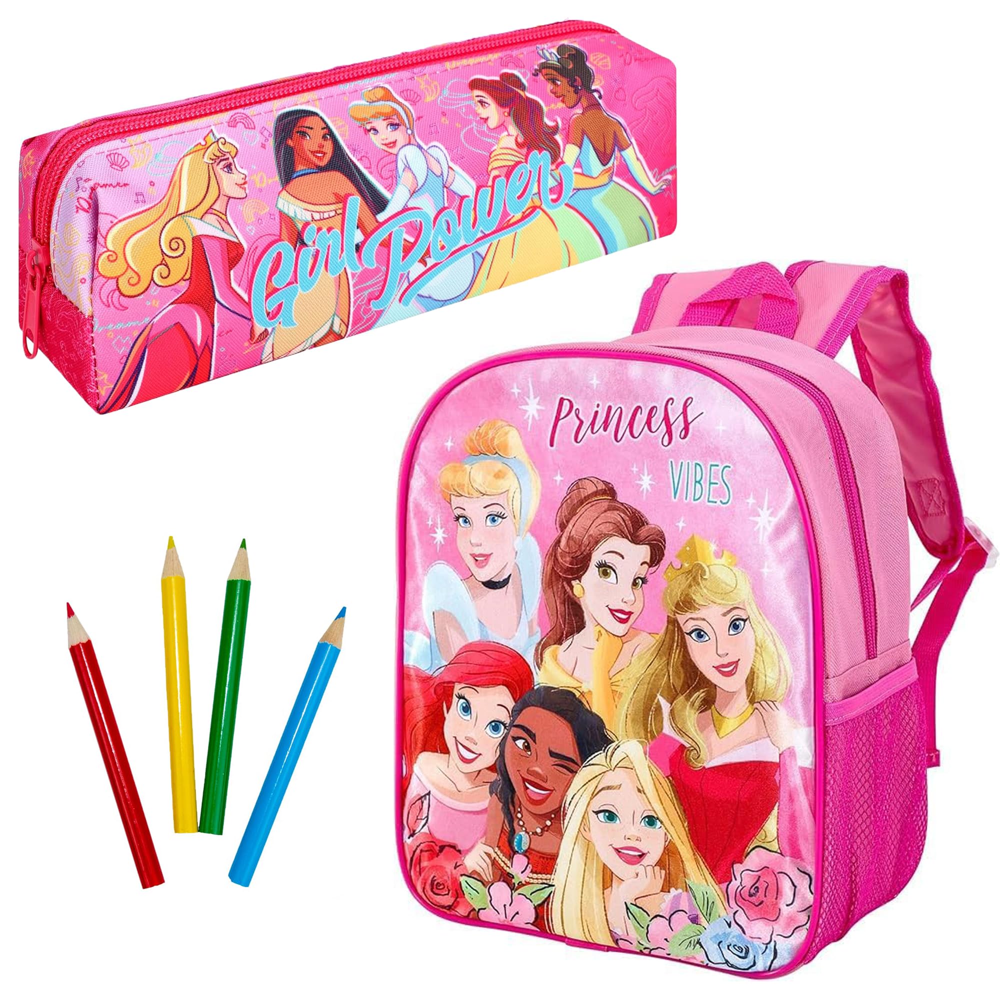 Disney Princess Backpack & Pencil Case Set - Kids Girls Back to School Bag Set - Stationery Storage Adjustable Carry Bags for Children - Pink Girls Princess Designs Rucksack & Pen Case