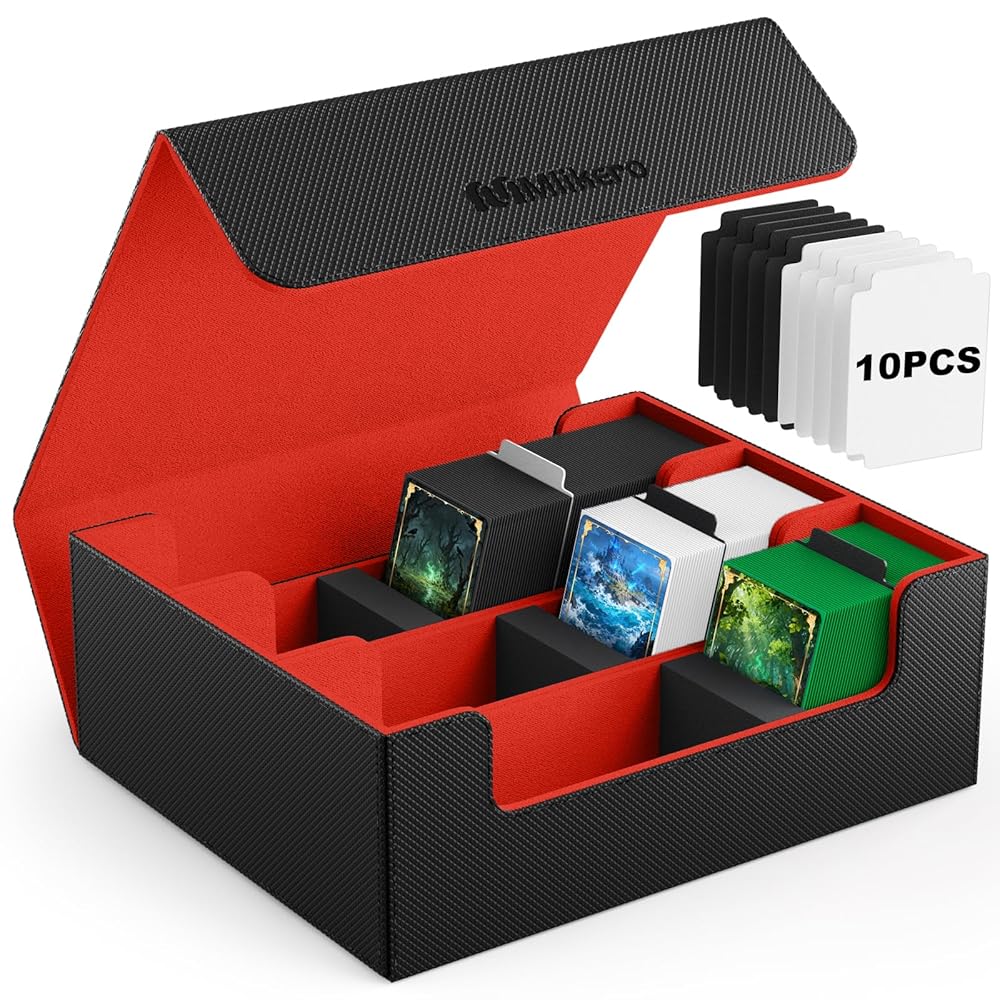 Mlikero Card Deck Case, 1800+ Trading Card Storage Box with 10 Dividers and 3 Foam Stoppers, Leather Magnetic Closure Commander Deck Box Fit for YuGiOh, MTG and Sport Cards(Black&Red)