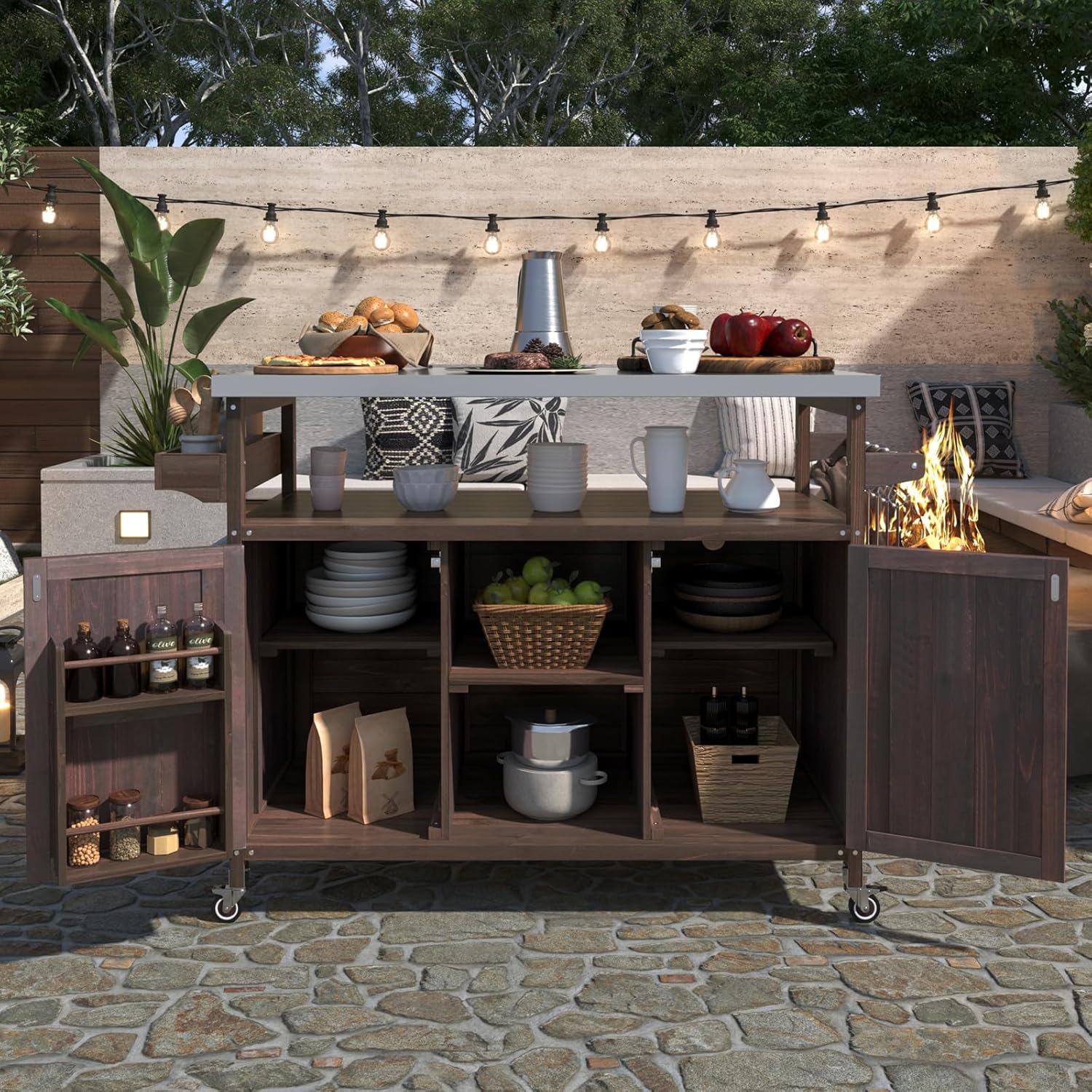 Outdoor Bar Cart with Storage Cabinet, Portable Rolling Kitchen Island Outdoor Console Prep Table with Stainless Steel Top for Grill, Kitchen & BBQ (Dark Brown)