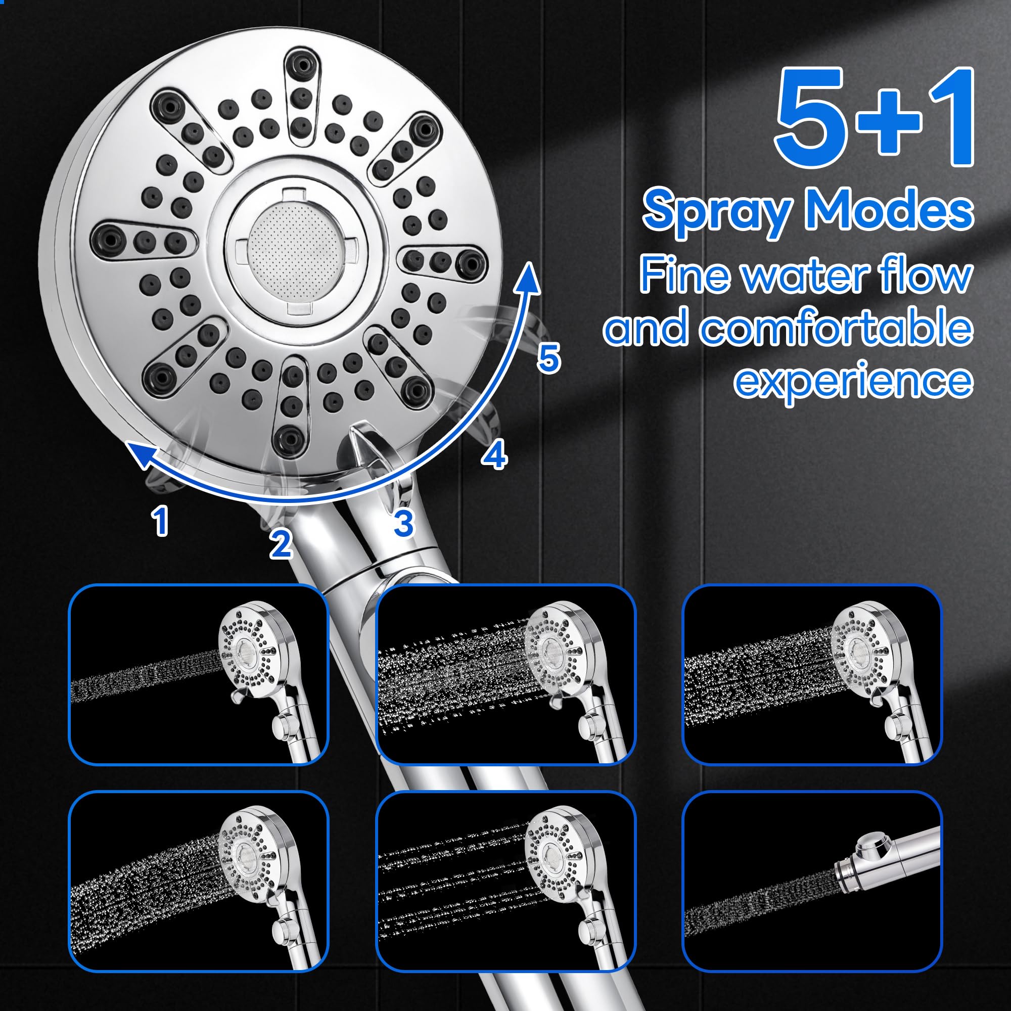 Pommeau De Douche Économique 4,6 L/min – 5 Jets, Filtre, Bouton Stop – Haute Pression, Noir – Installation Facile G1/2