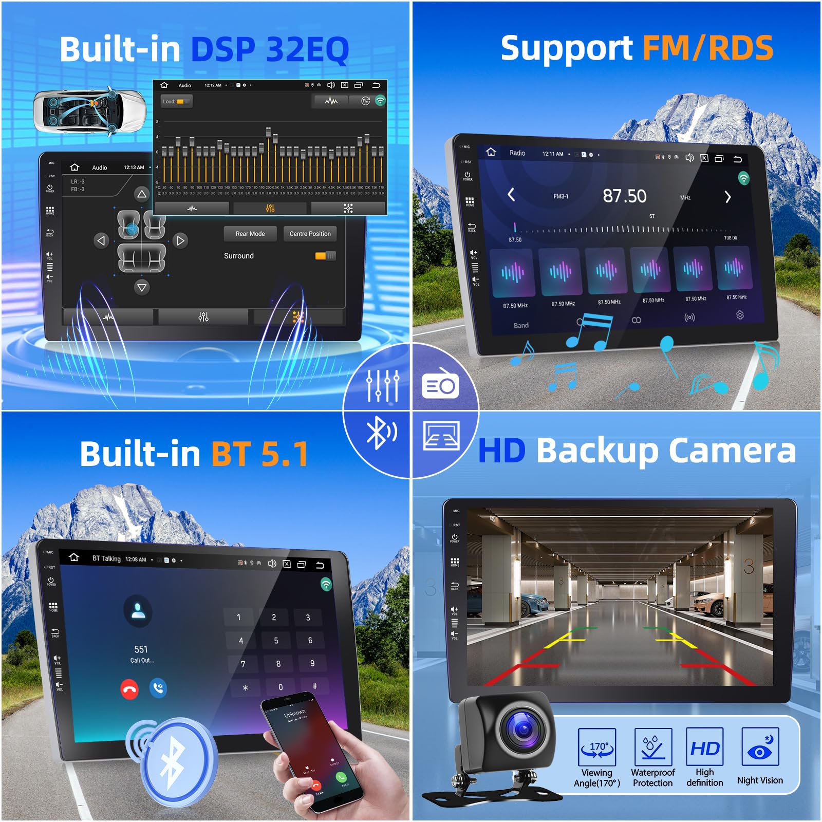 Podofo autoradio 2 Din met Apple Carplay Android Auto, Android 13 2 64G 7 inch autoradio dubbel DIN touchscreen met Bluetooth/Mirror Link/GPS/SWC/WiFi/FM&RDS radio AHD achteruitrijcamera