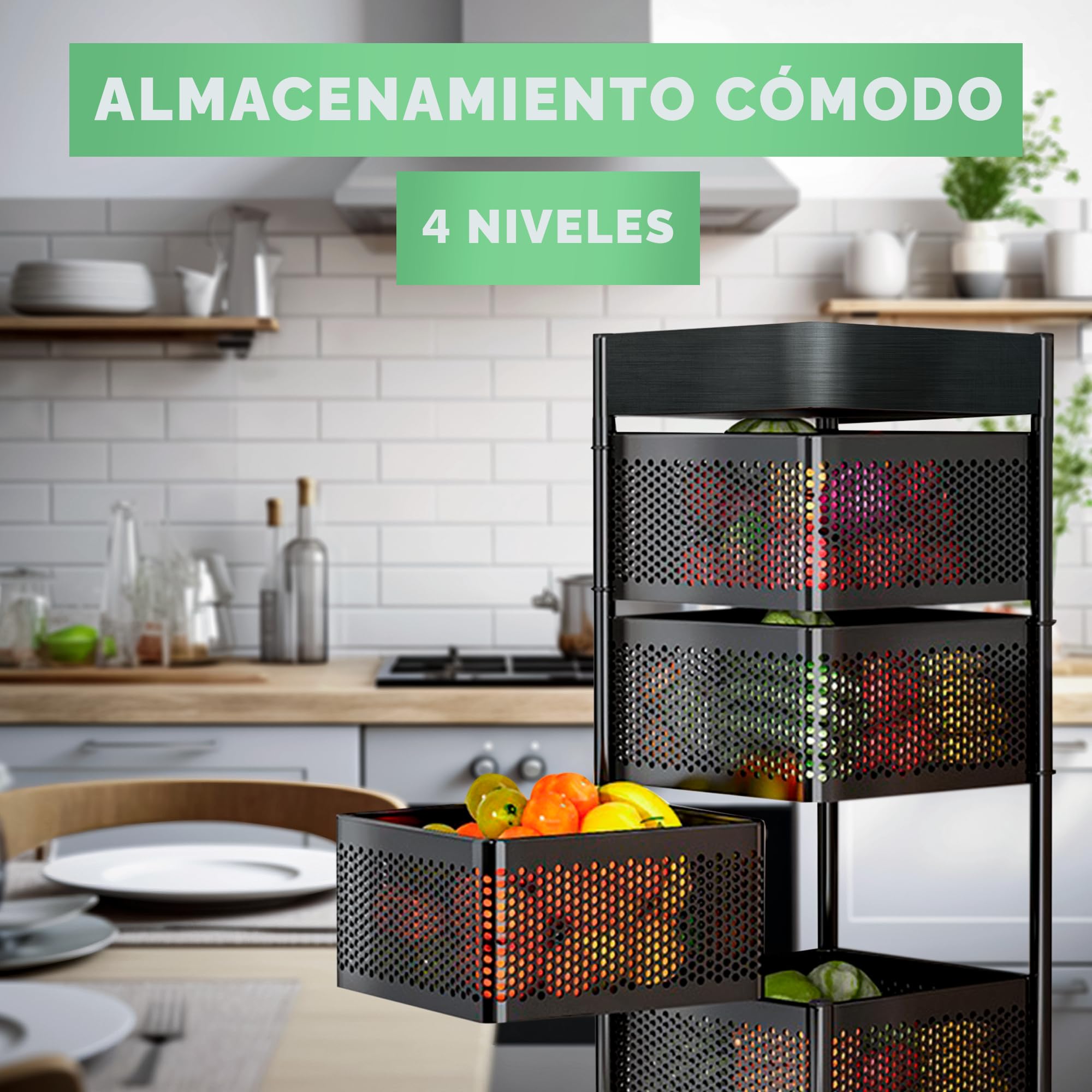 JUPPLIES Carrito Auxiliar con Ruedas - Cesta de Almacenamiento Ahorra Espacio 4 Niveles - Carrito Cocina Giratorio - Estante Cocina, Baño, Estante para Frutas, Verduras, Utensilios-Metalico (Negro V2)