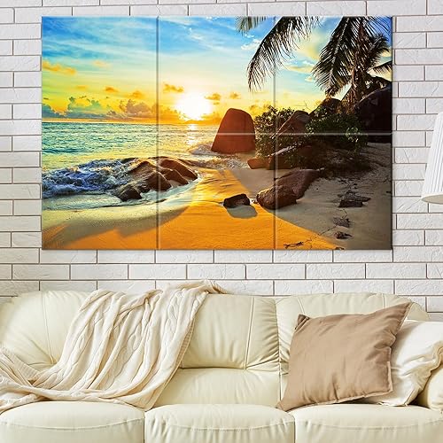 Miniatura 1 de JBER Arte de pared para sala de estar, playa tropical al atardecer, pintura de paisaje moderno sobre tablero de fibra, 6 paneles empalmados en una