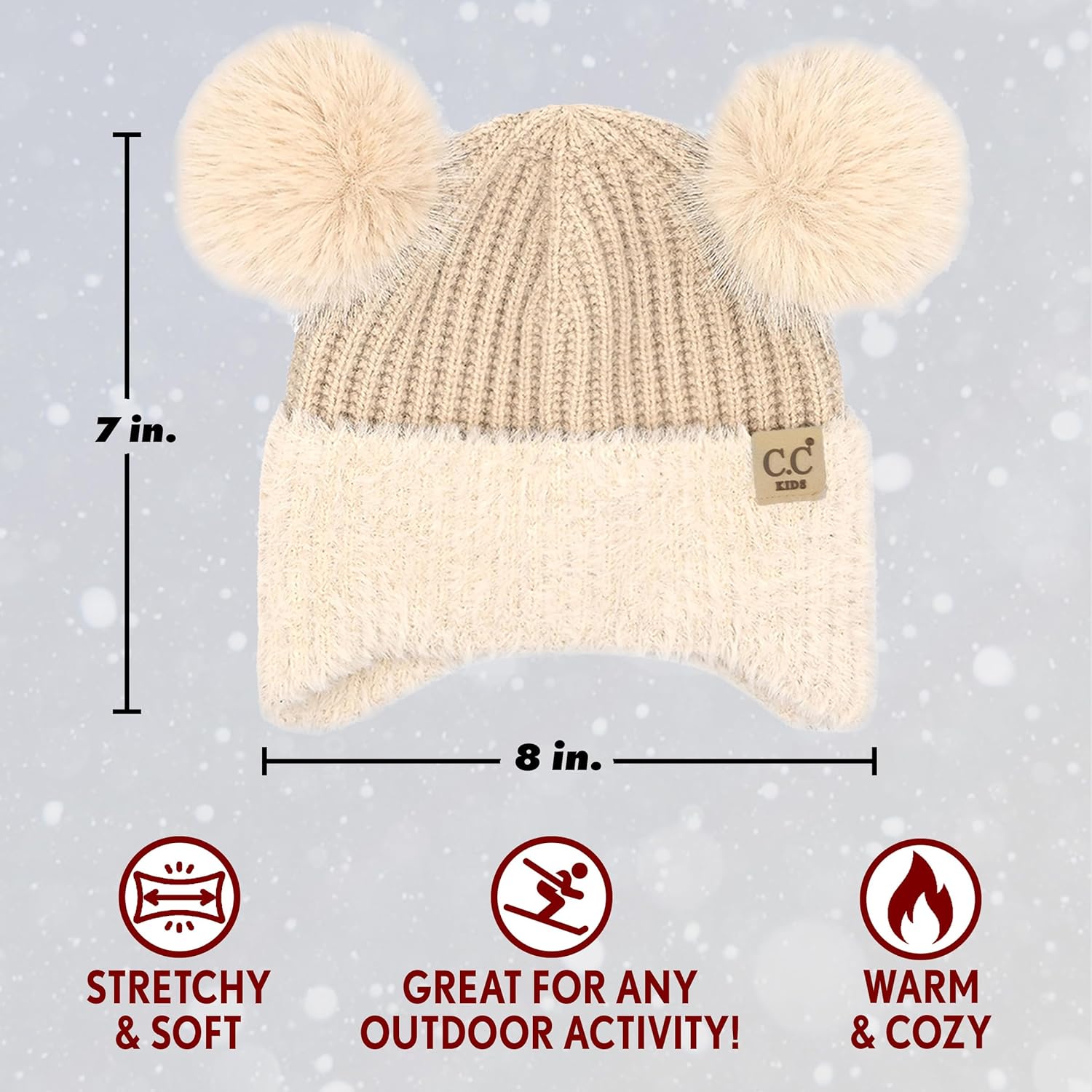 Funky Junque Kids Beanie with Earflaps Faux Fur Double Pom Pom, Warm Winter Beanies for Girls, Toddlers, Children Ages 1-6 - Image 2