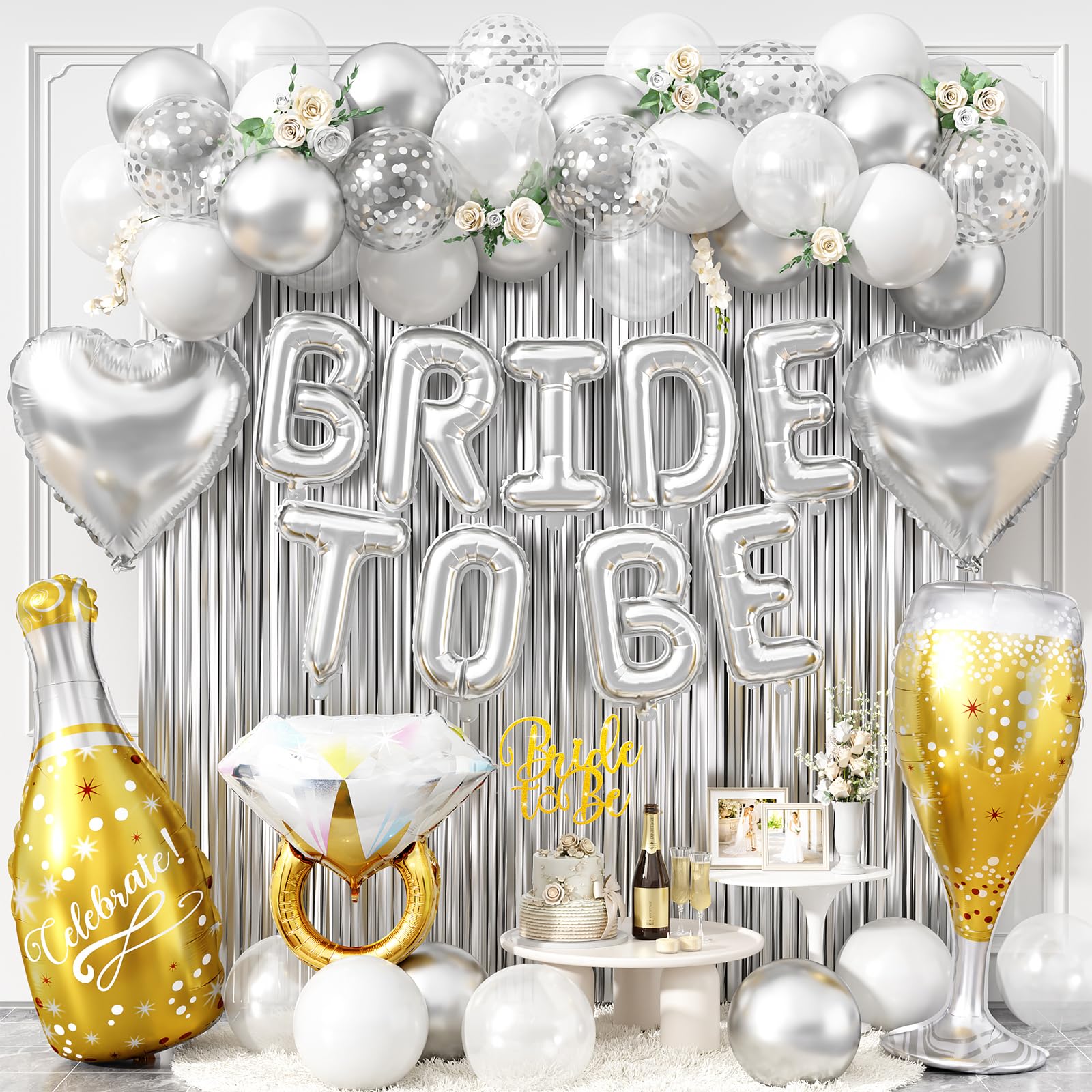 Silver Bachelorette Party Decorations for Bridal Shower, Silver Bride To Be Balloons Banner Cake Topper, Silver White Confetti Ring Champagne Bottle Glass Balloons Foil Curtains for Engagement Wedding