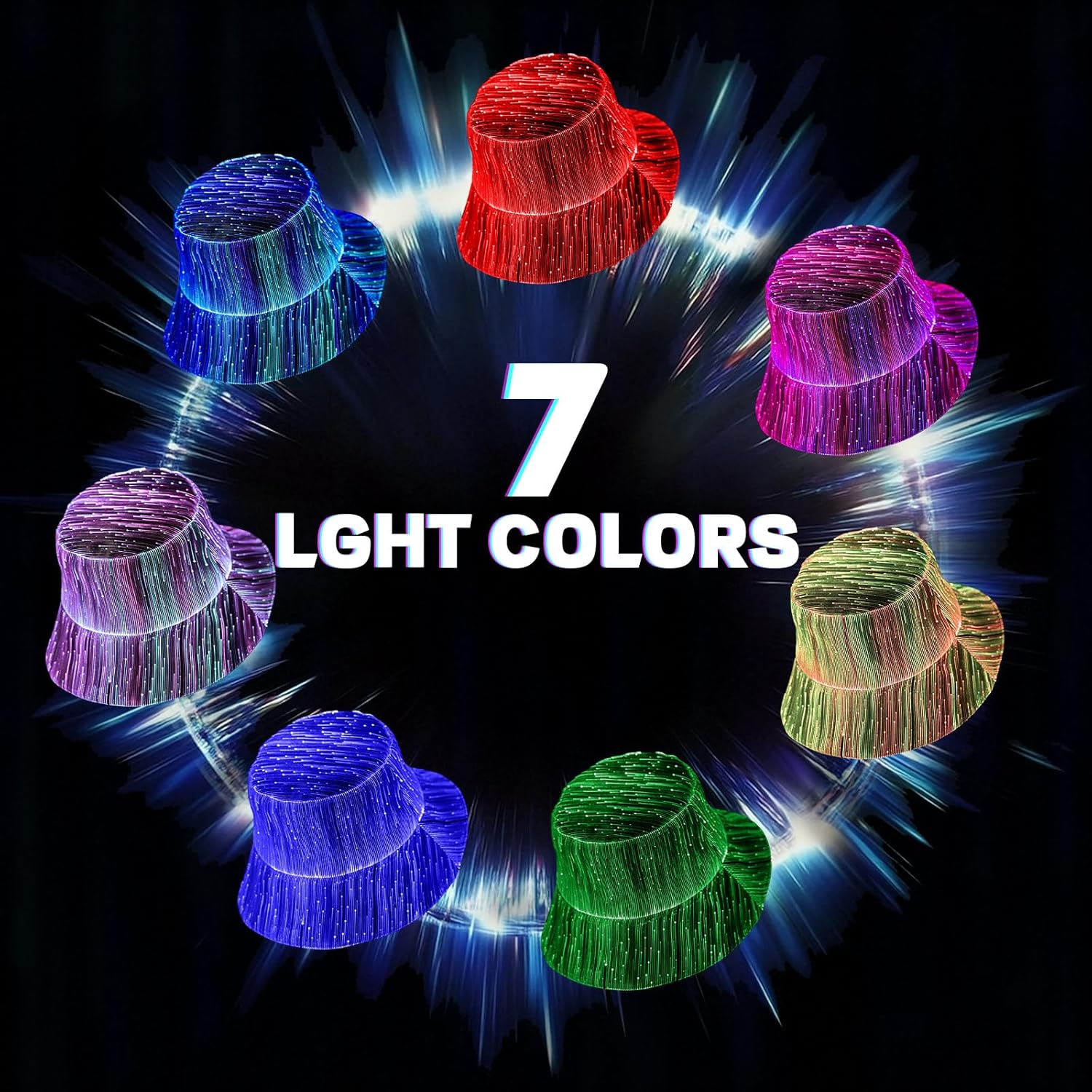 LED Bucket Hat - 7 Colors Light Up Funny Hats For Women & Men,Usb Rechargeable, Rave Party EDM Festival Gear - Image 2