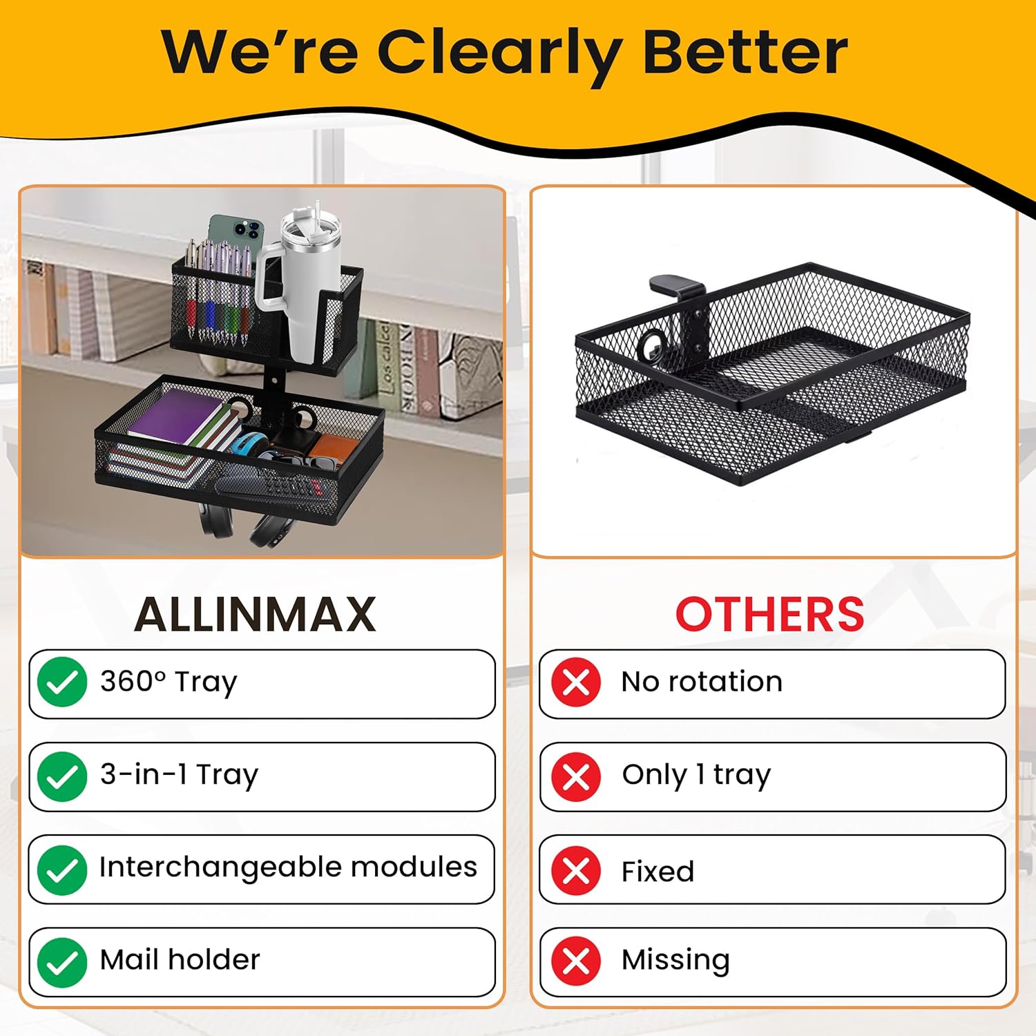 6-in-1 Clamp On Desk Organizer with Cup Holder & 360° Rotating Under Desk Drawer, Swappable Parts, Easy to Install Standing Desk Drawer Attachment, Space-Saving for Home & Office - Image 5