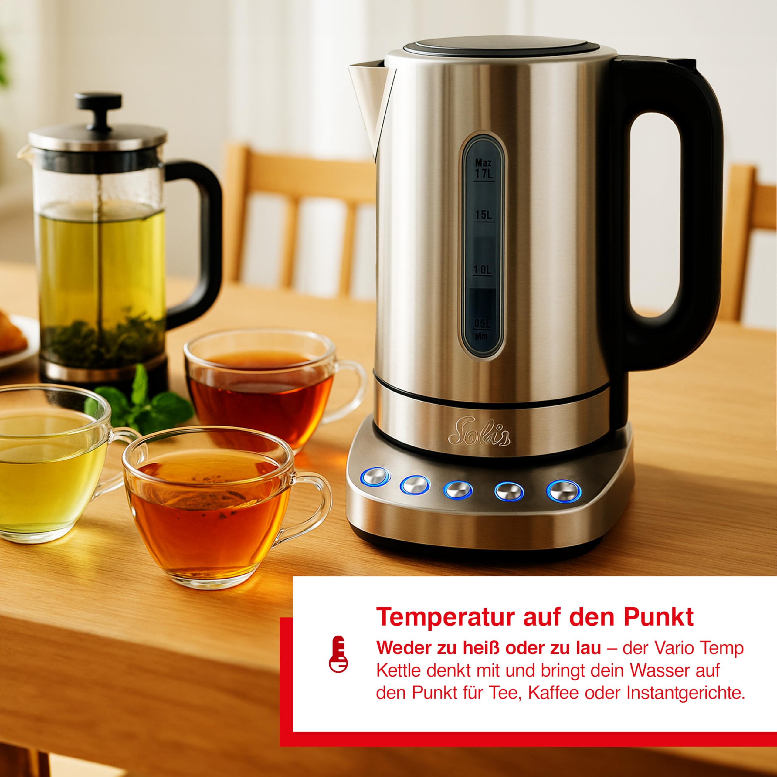 Solis Wasserkocher Vario Temp Kettle 5516 - Wasserkocher mit programmierbarer Temperatureinstellung - Teekocher - Mit Warmhaltefunktion - Kalkfilter herausnehmbar - 1,7 L
