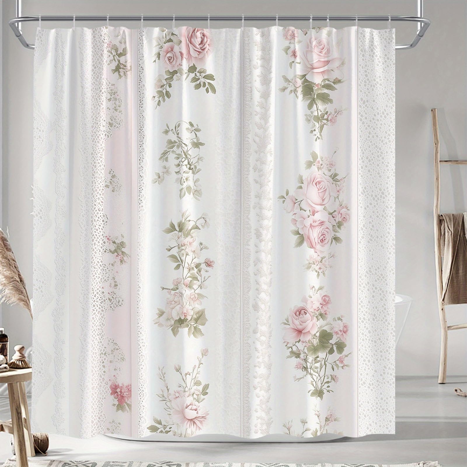 Rideau de douche en tissu imperméable avec roses et dentelle haut de gamme