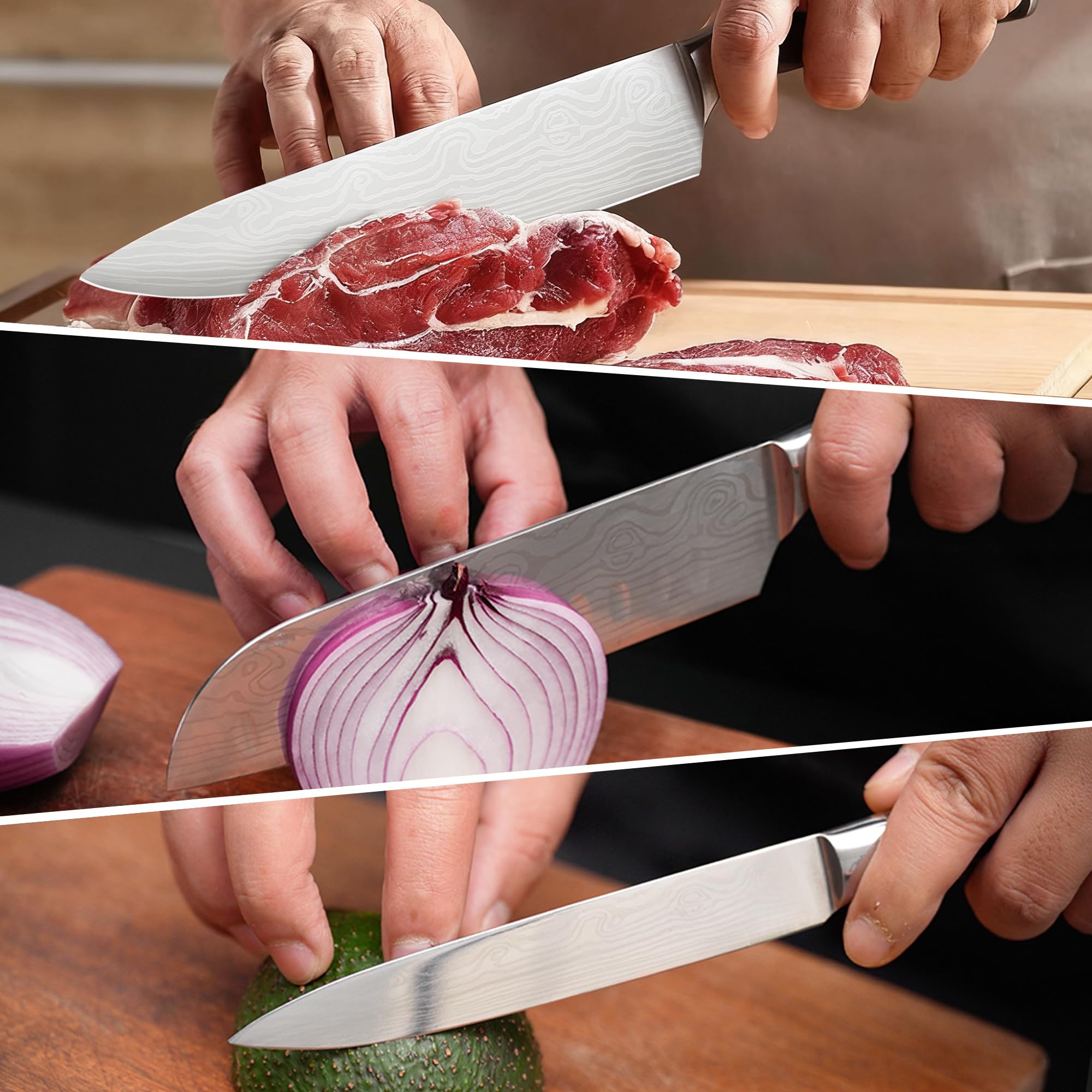 3 Piece Set of Professional Chef Knives, Forged From High Carbon Stainless Steel, with Extremely Sharp Blades and Ergonomic wooden Handles to Meet Various Cutting Needs (Kitchen Knife Set 3 Pcs) — Amazon image 6
