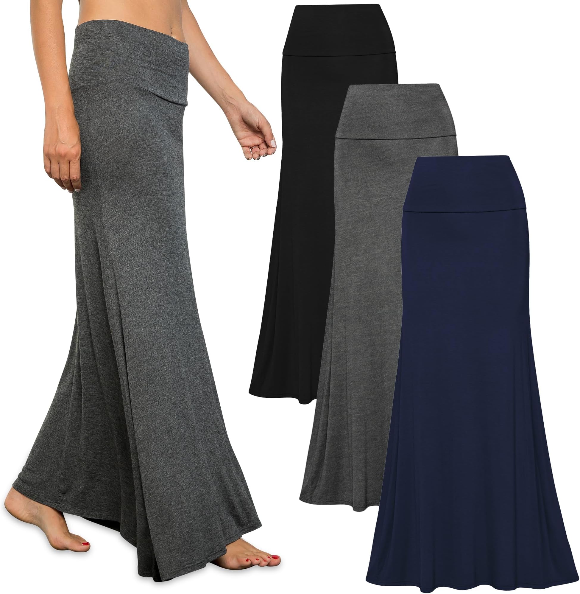- 3 Pack Long Skirts for Women Fall Stretchy Flowy Maxi Skirt Dressy Casual for Work, Soft Fold Over High Waisted