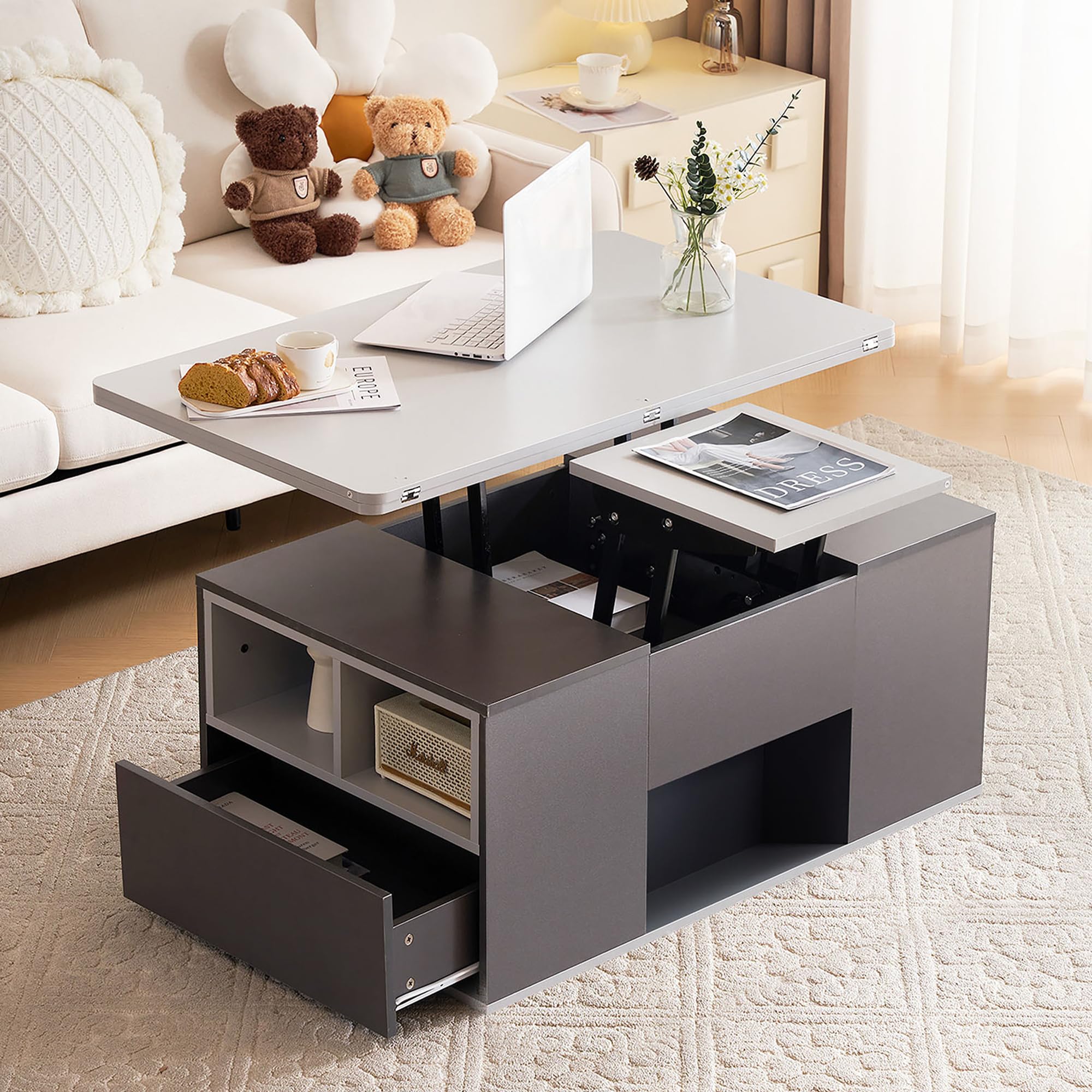 ModernLuxe Coffee Table with Storage, Lift Up Coffee Table for Living Room, Side Table with 2 Drawers and Open Storage Compartments, Height Adjustable, 3 Modes, Rounded Corner Design, Grey & White