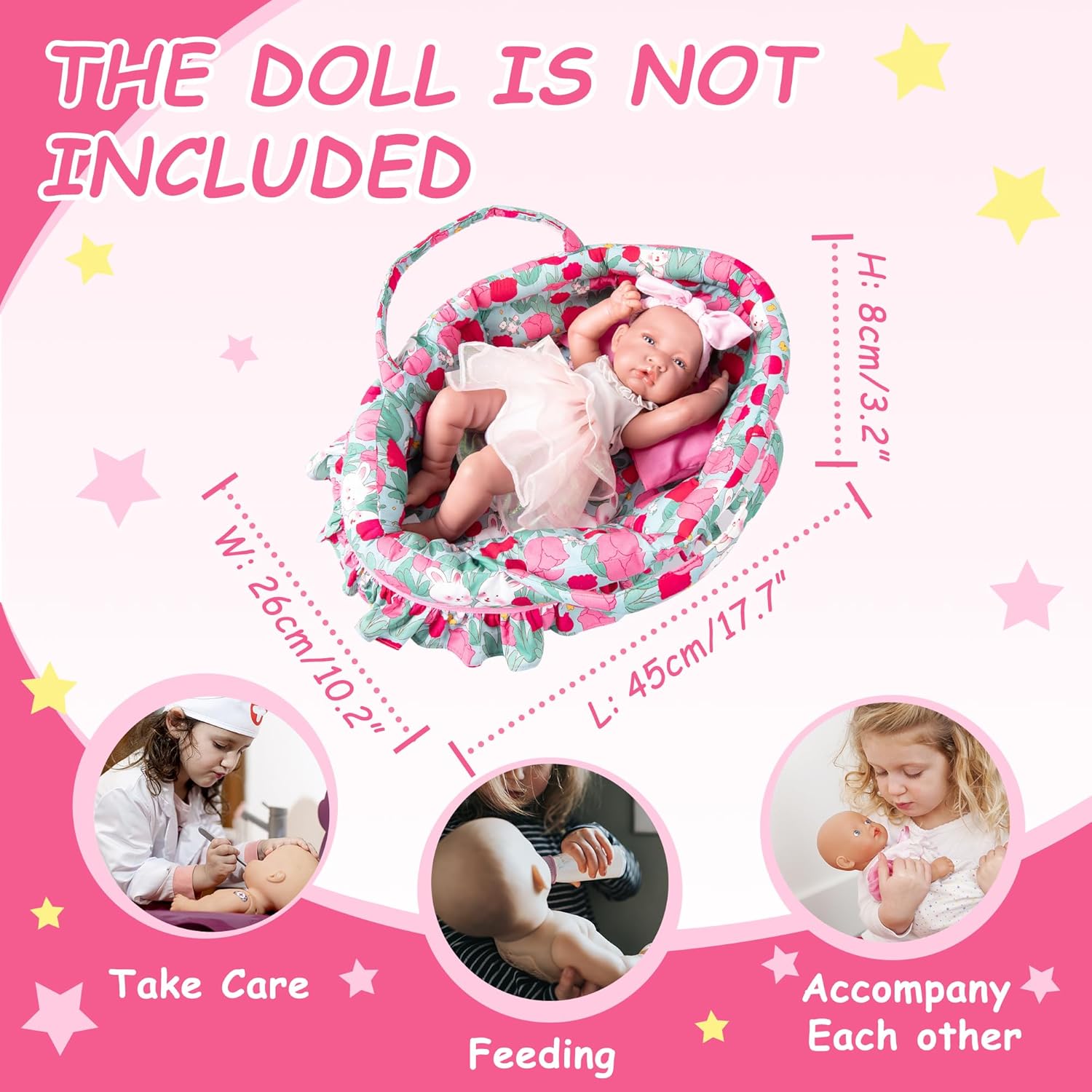 Doll Carry Cot Set, Soft Doll Carrier Basket Bassinet Includes 1 Cot and 1 Pillow, Rose Rabbit Doll Bassinet, Fits for 16 Inch 18 inch American Girl Dolls
