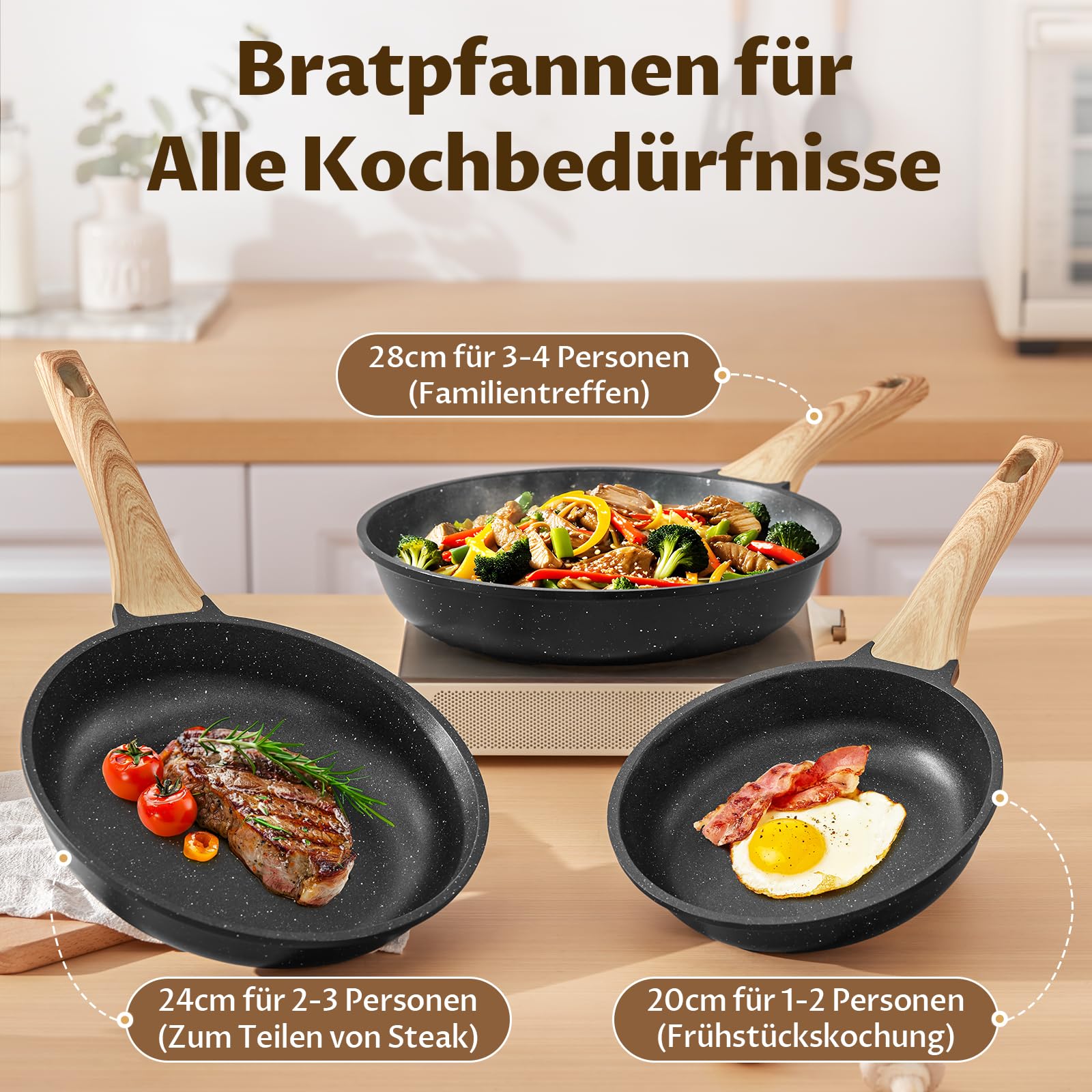 BLAZANT Pfannen-Set Induktion 20+24+28 cm, Pfannenset Bratpfannenset für alle Herdarten, Antihaft-beschichtete Pfanne Bratpfanne, PFAS-frei, leichte Reinigung, Granit