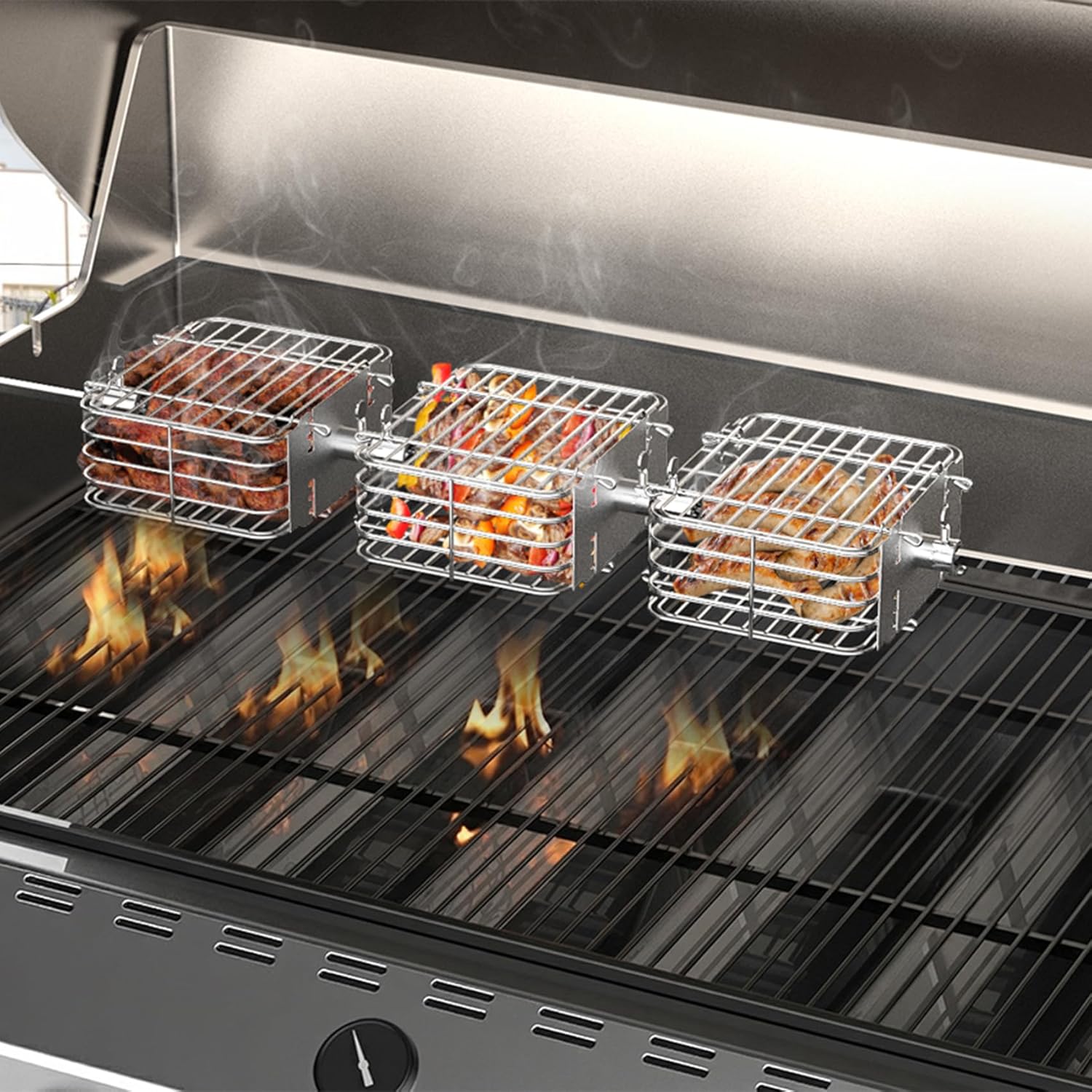 onlyfire Stainless Steel Rotisserie Basket Set, BBQ Grilling Basket for Most Charcoal and Gas Grills, Set of 3, Great for Cooking Veggies, Chicken Wings, Patatoes