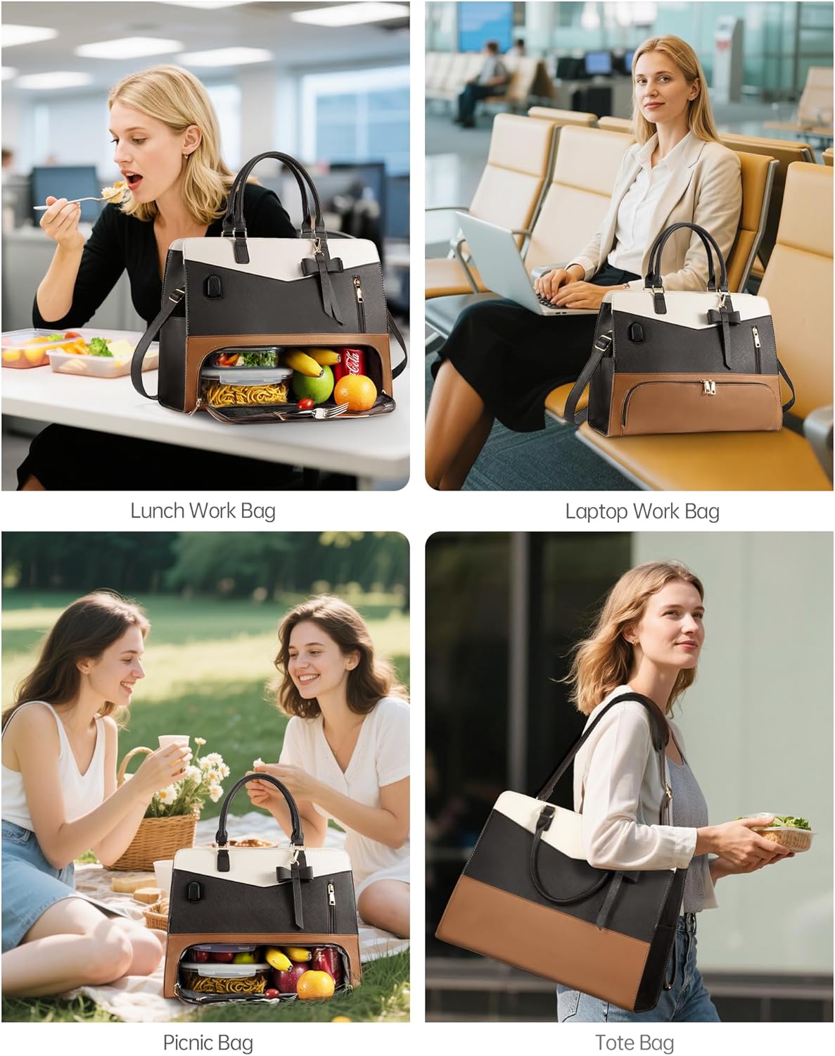 Lunch Tote Bag for Women 2 in 1 Laptop Work Bag with Lunch Insulated Compartment and Purse Combo Waterproof PU Leather 15.6 Inch Computer Shoulder Bag for Daily, Office, Picnic. Mix Color - Image 2