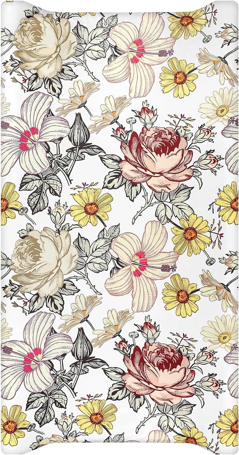 Changing Pad Cover, Diaper Baby Changing Table Covers for Girls & Boys, HNHUAMING Soft Fitted Changing Mat Cover Stretchy Nursery Changing Pad Sheets, Floral (32 X 16 Inches)