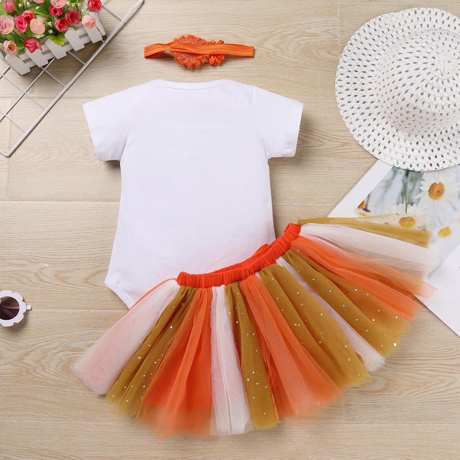 Miniatura 3 de IMEKIS Toddler Baby Girl Half 1st Birthday Outfit Fall Pumpkin Romper Tutu Skirt Headband Thanksgiving Cake Smash Photo Shoot