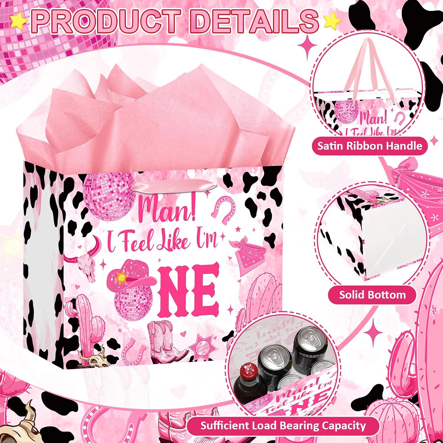 Disco Cowgirl 1st Birthday Gift Bag Man I Feel Like I’m One Gift Bag with Tissue Paper Card Pink Western First Rodeo Gift Wrapping Paper Wild West Baby Girl Cowgirl 1st Bday Decor Party Supplies