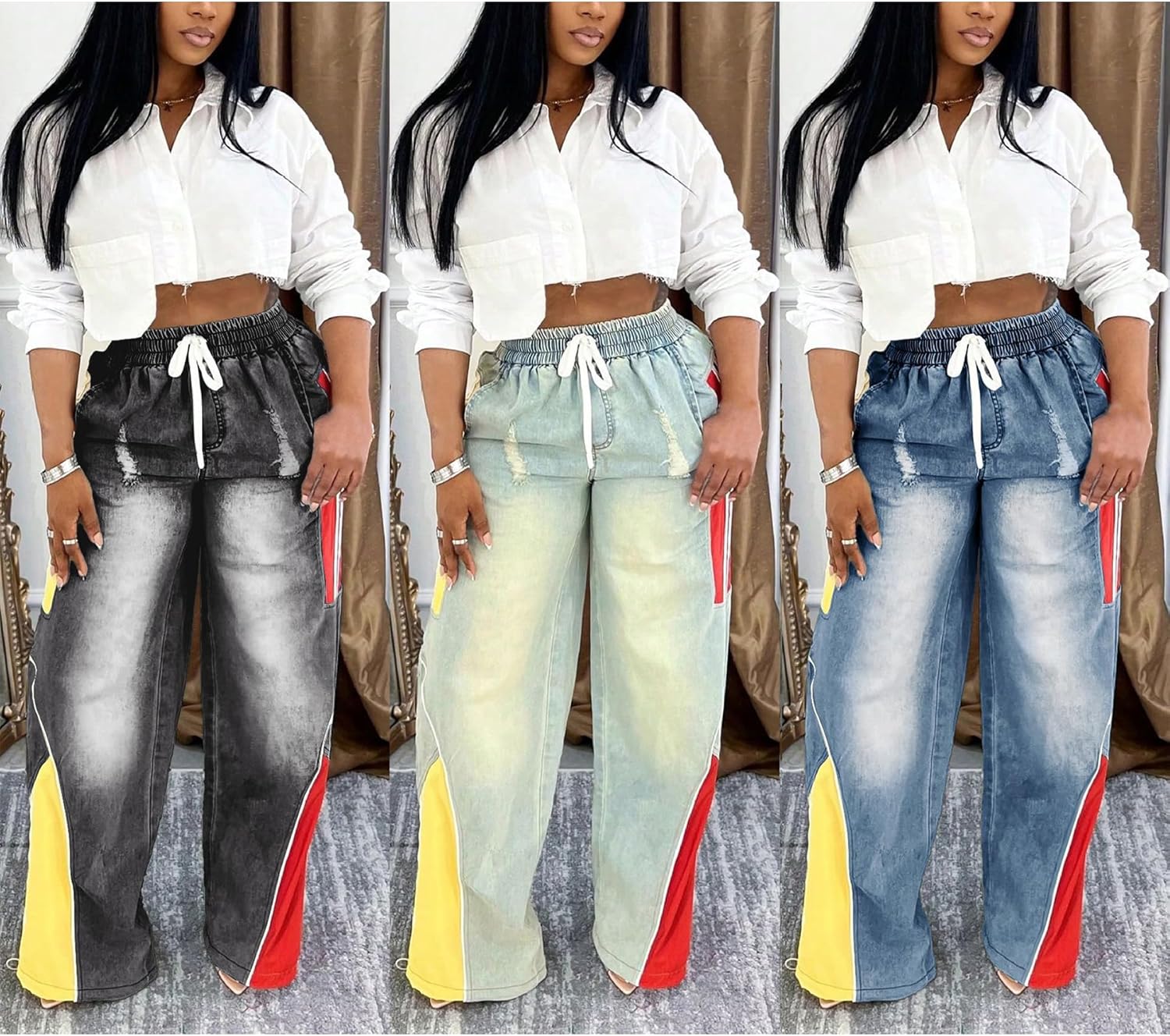 DINGANG Drawstring Baggy Jeans for Women High Waisted Straight Leg Striped Patchwork Denim Pants