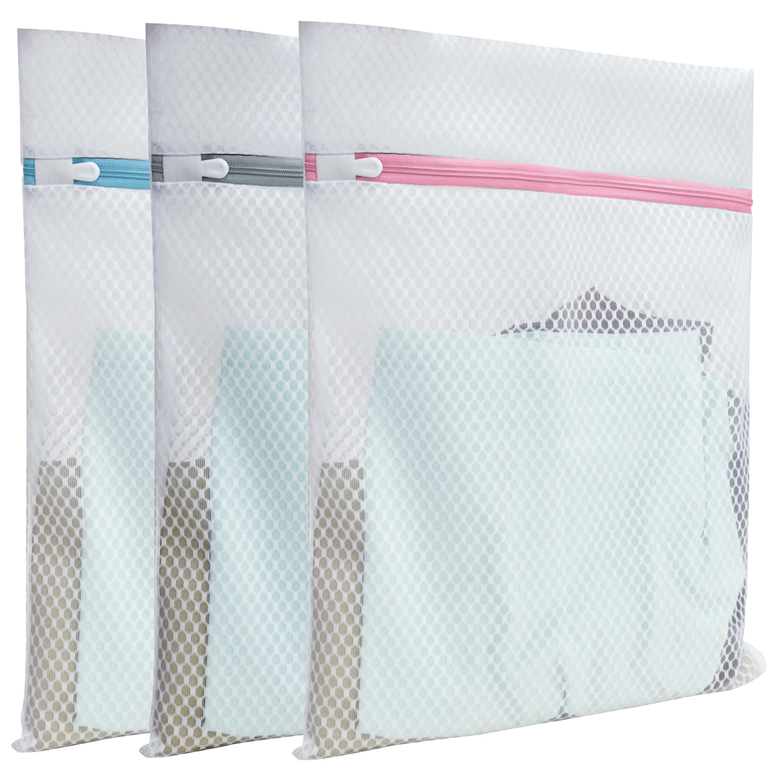 Mesh Laundry Bags for Delicates – 3-Pack (12″×16″) with Color-Coded Zippers – Honeycomb Mesh, Locking Zipper, Washer & Dryer Safe for Bras, Socks, Travel Clothes