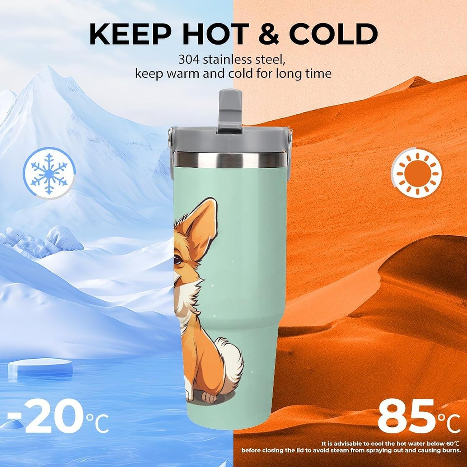 Corgi Cute Dog Water Bottle 30 Oz Fits Car Cup Holder,Insulated Coffee Mug Large Capacity Car Cups,Stainless Steel Double Wall Sport Bottle for Travel Sports Gym