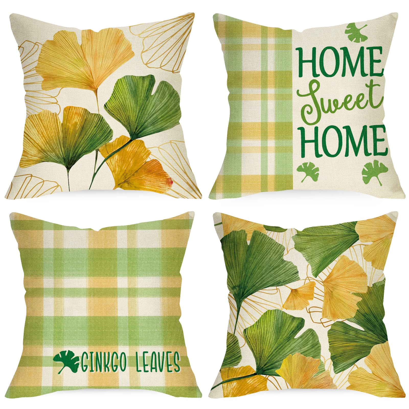 Ginkgo Biloba Leaves Decorative Throw Pillow Covers 18 x 18 Set of 4, Green Yellow Plant Home Sweet Home Cushion Case Decor, Plaid Farmhouse Home Decoration for Sofa Couch
