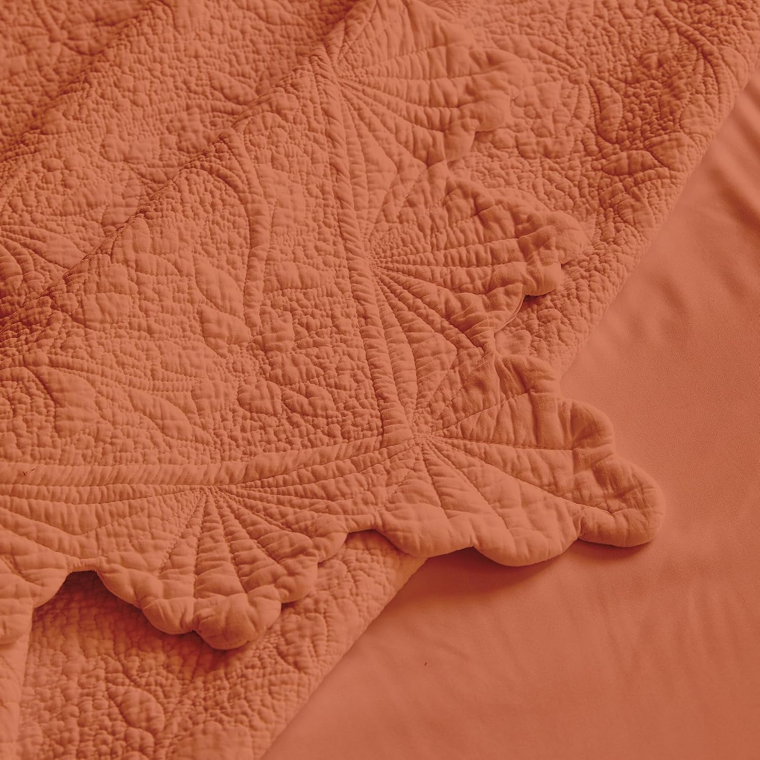 Terracotta Queen Size Embroidered Cotton Quilt Bedding Sets, Lightweight Soft Bedspread Coverlet, Decorative Border Thin Comforter Bed Cover, 3 Pieces, 92x98 inches