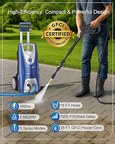 Miniatura 2 de Arandela de 1600 W con juego de 5 boquillas y cañón de espuma, manguera de 16 pies, mango ajustable, lavadora eléctrica para calzadas, automóviles,