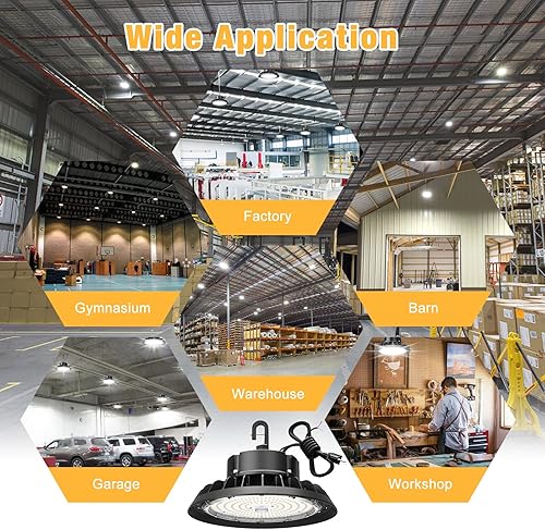 Miniatura 7 de UFO - Luz LED de alta bahía de 100 W, luces LED de alta bahía de 14,000LM, 0-10 V, regulable, cable de 6 pies con enchufe estadounidense, gancho