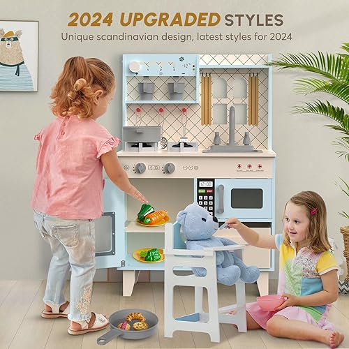 Miniatura 4 de BIERUM Juego de cocina con luces y sonidos realistas, juego de cocina de madera para niños pequeños, cocina de juguete con 26 accesorios de comida y