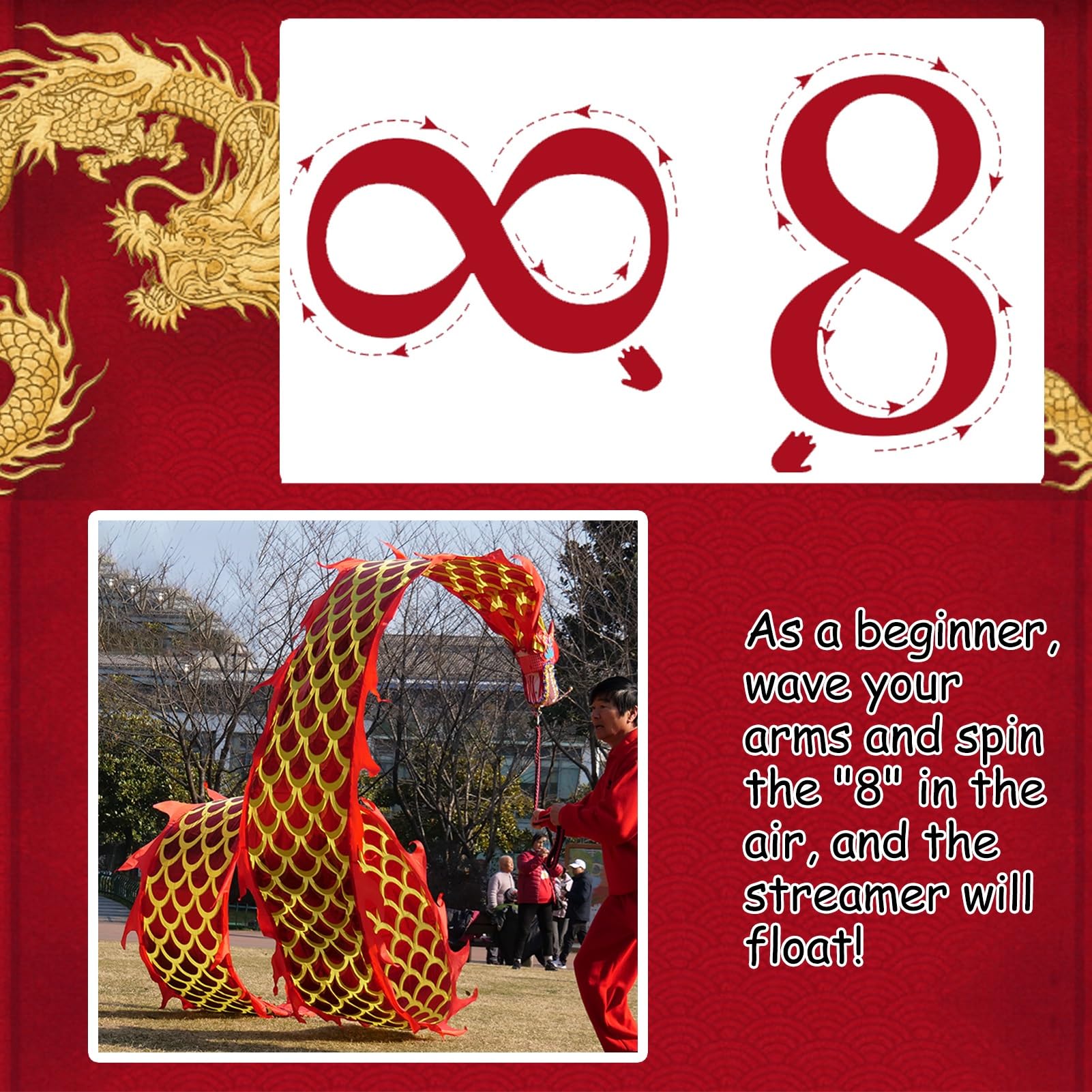 Cerf Volant Ruban de Danse Dragon Poi avec Écailles et Tête, Jetant une Banderole de Dragon Jonglant en Plein Air, Poi Dragon en Soie Fluide pour Parc/ Cour/ Plage ( Color : Red , Size : 8 m (26 ft) )