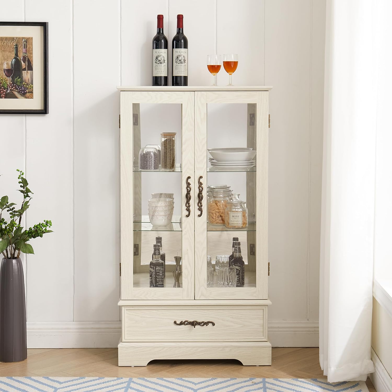 Lighted Curio Display Cabinet with Adjustable Glass Shelves, 2 Doors and 1 Drawer, White, 47.44 x 25.98 x 11.81 Inch