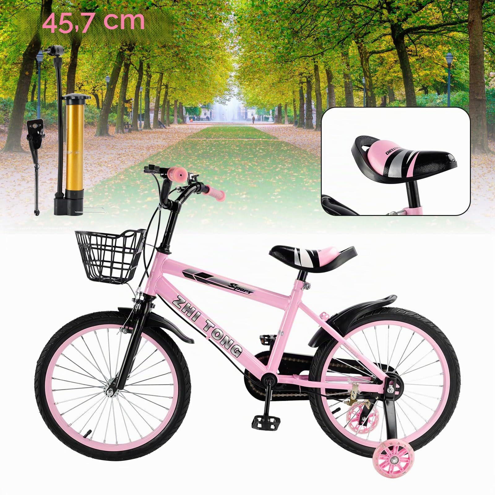 Vélo pour enfant 18 pouces, cadre acier carbone, siège guidon réglables, double freins, roues stabilisatrices