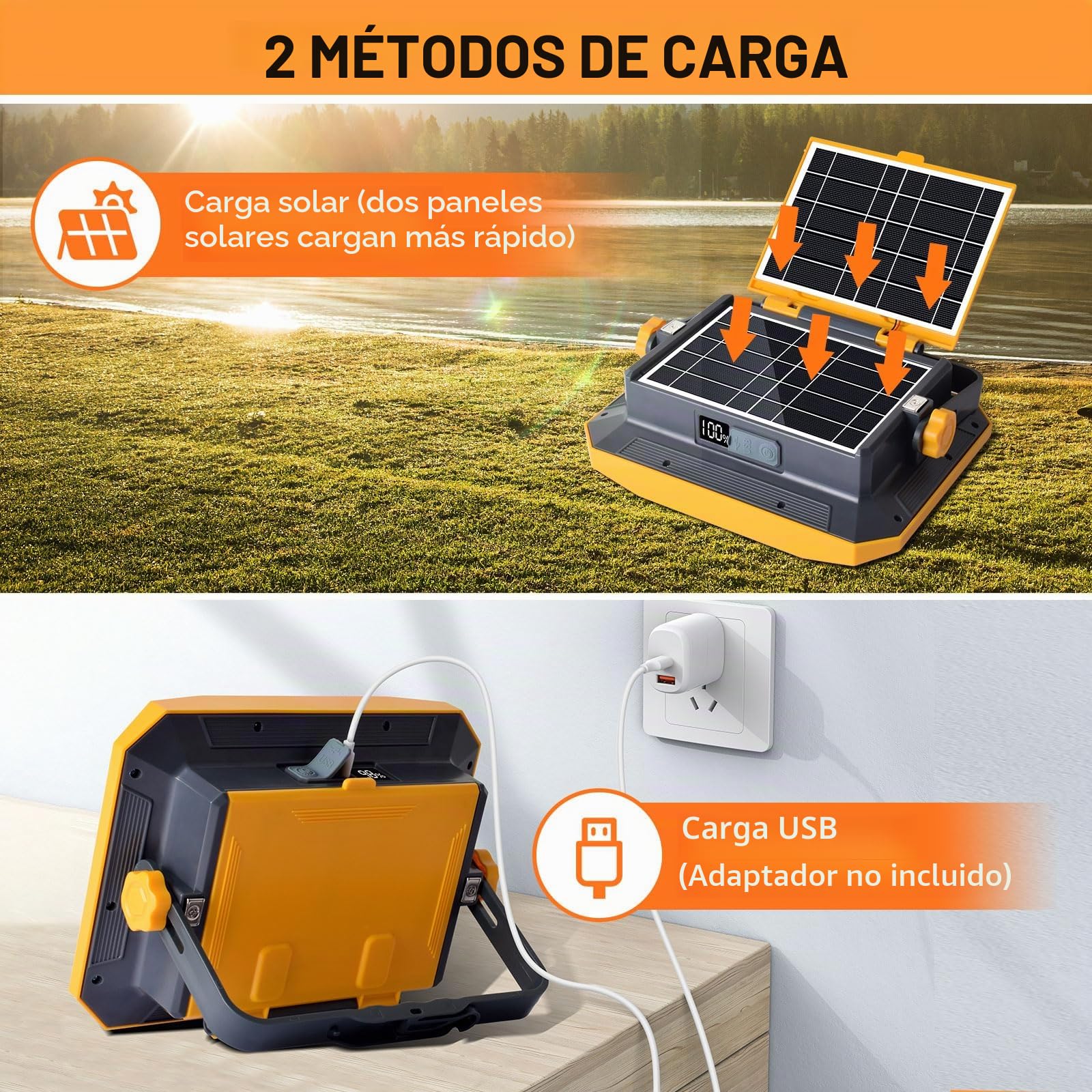 Foco Led Recargable 100W, Luz de Trabajo Portátil 12000LM Super Brillante 13000mAh con Panel Solar, 4 Modos de Luz, 2 Panel solar, Lámpara de Camping Portátil para Cortes de Energía, Camping