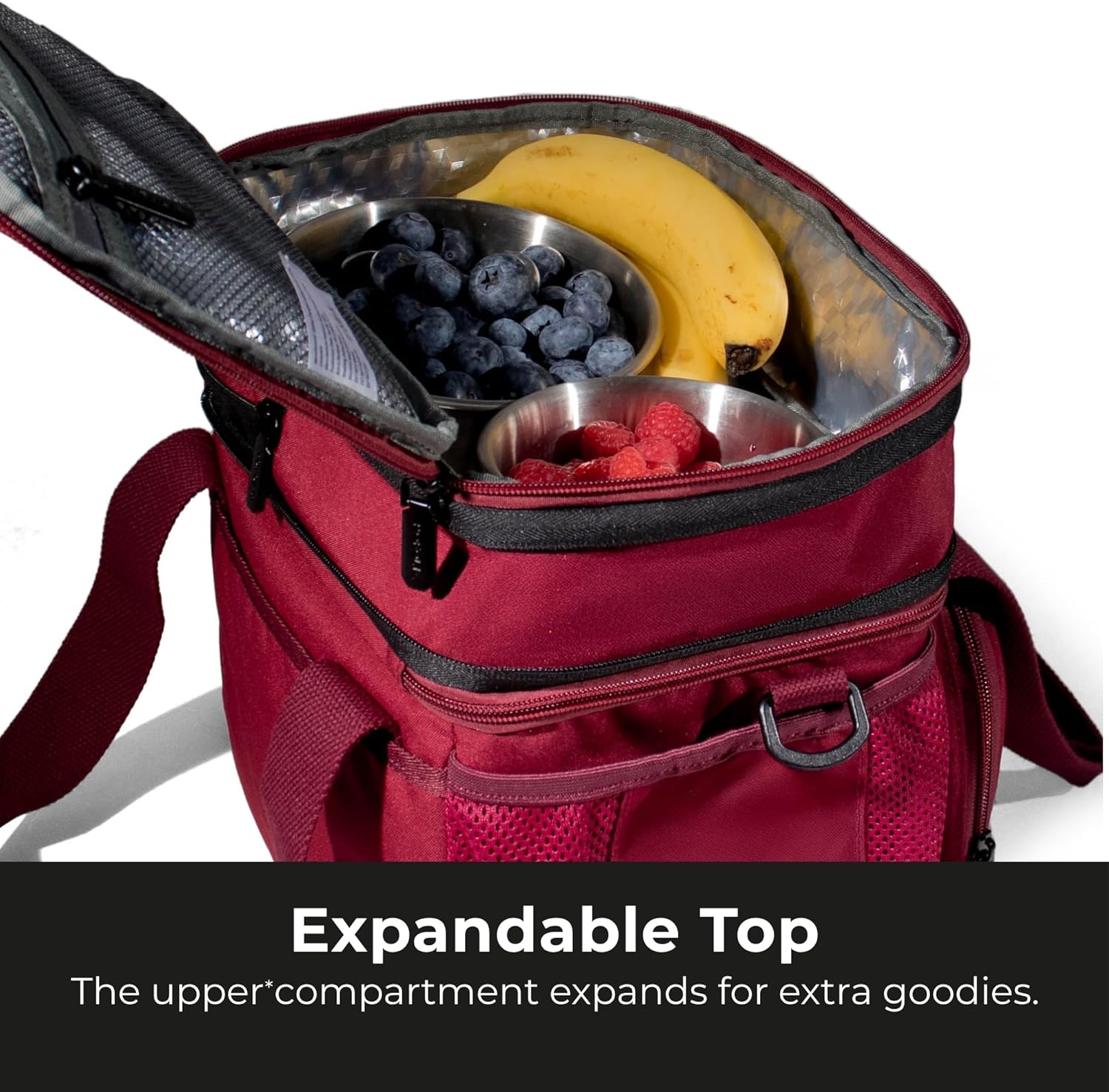Dual Compartment Lunch Bag, 12L Insulated Leakproof Lunch Box, 13 Cans Capacity (Burgundy)