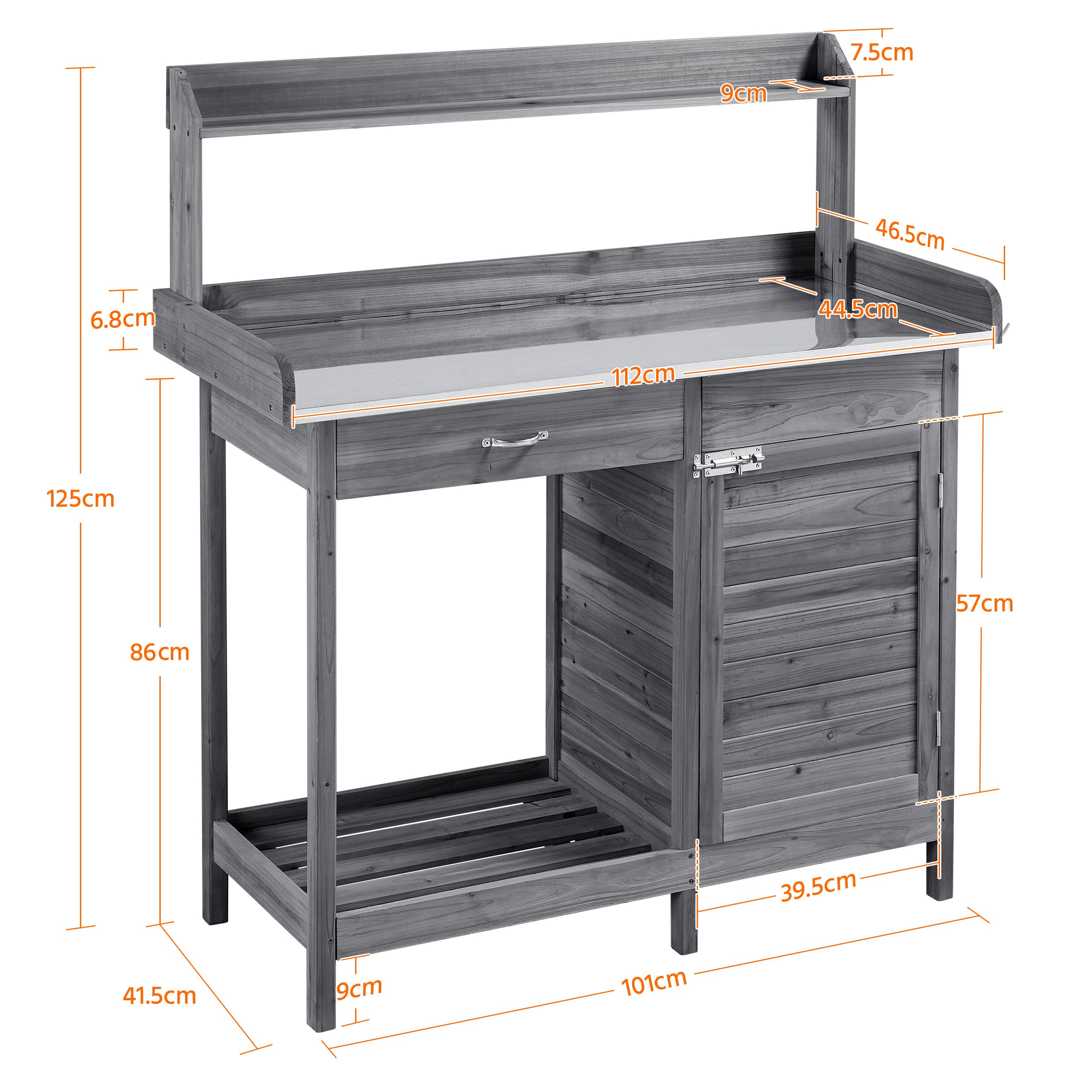 Yaheetech Mesa de Jardinería con cajón Estante Armario de Mesa Plantación 112 x 46,5 x 125 cm Gris