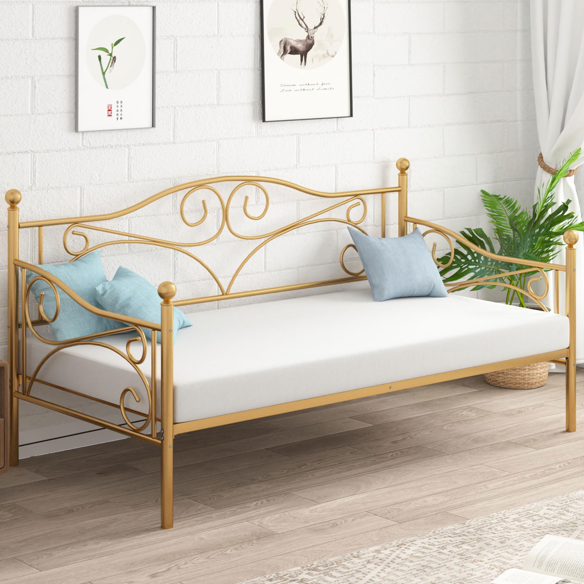 VECELO Twin Size Daybed Frame Metal Sofa Bed Mattress Foundation with Headboard, Heavy-Duty Steel Slat Support for Bedroom Living/Guest Room, Easy